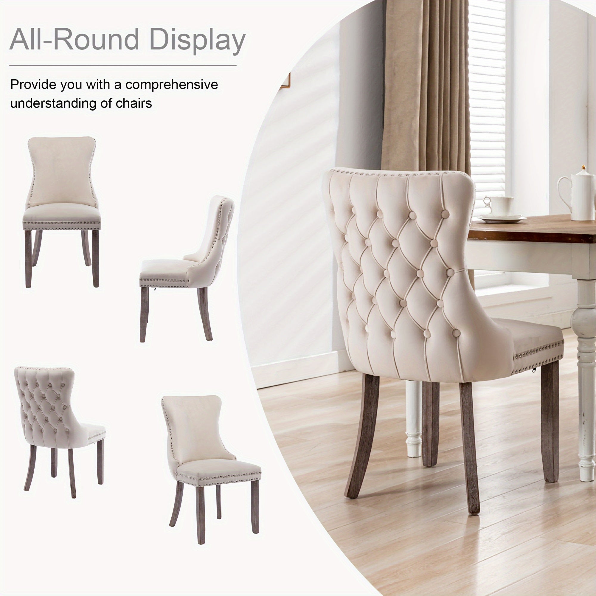 2 PCS Upholstered Wing-Back Dining Chair with Backstitching Nailhead Trim and Solid Wood Legs Beige