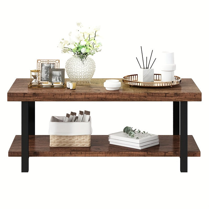 1pc 2-Tier Brown Coffee Table With Storage Shelf, 110cm/43.3inch Metal Cocktail Table, Home Tea Table, Center Table, For Living Room, Rectangle