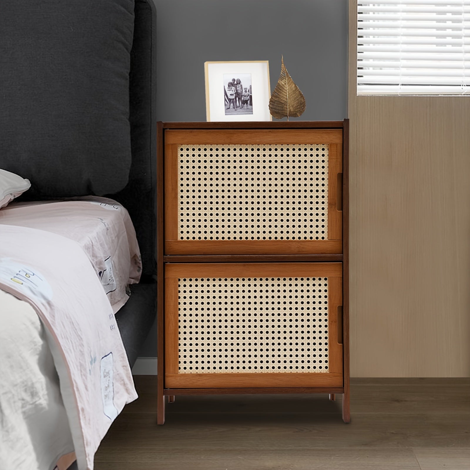 Nightstand with Decor Drawers Rattan Pattern End Table - Bamboo Sofa Side Table