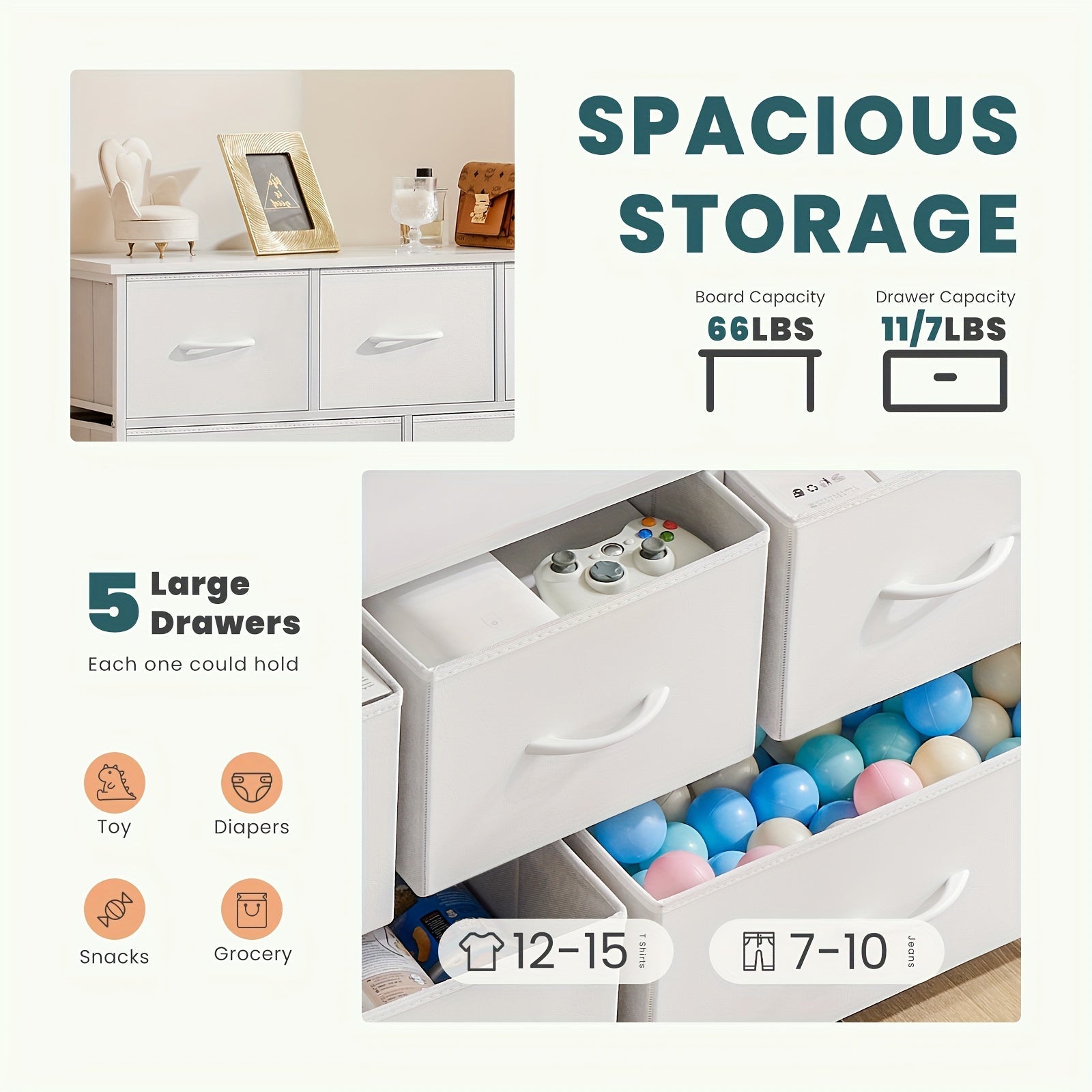 Dresser for Bedroom with 5 Fabric Drawers, Low Chest Organizer Units for Clothing, Closet, Storage Tower with Cabinet, Metal Frame, Wooden Top, Lightweight Nursery Furniture