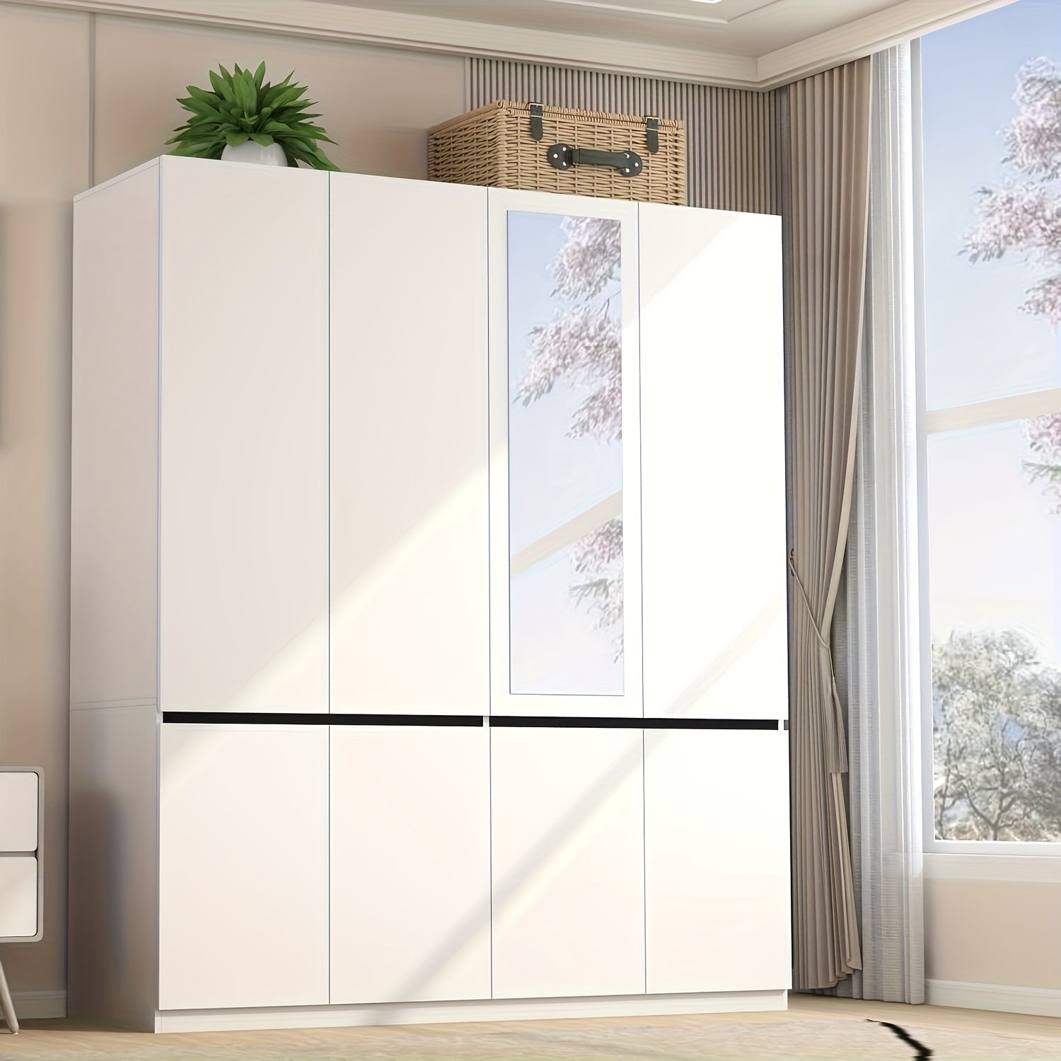 74’’H Wooden Armoire Wardrobe Closet - 4 Doors Closet Cabinet With Hanging Rod & Shelf For Bedroom Storage - White