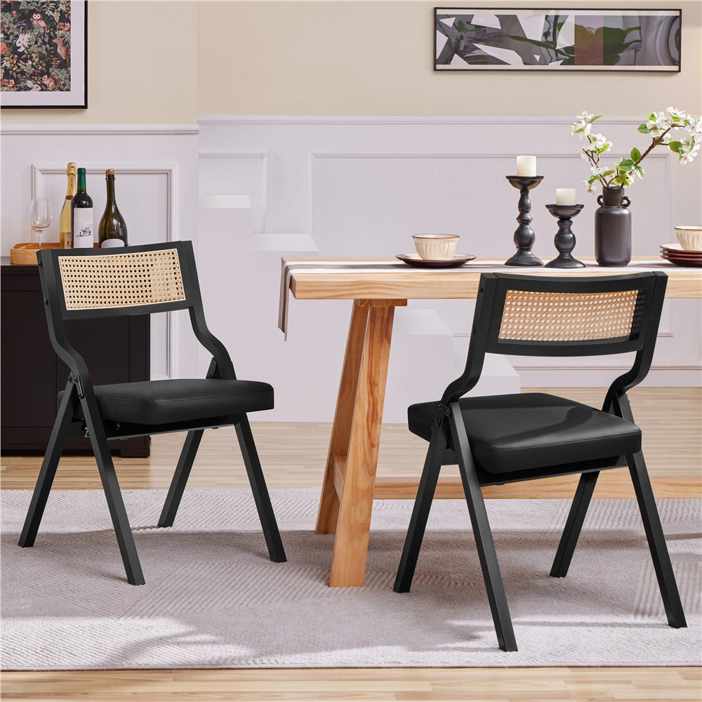 Set of 2 Upholstered Faux Leather Folding Dining Chairs Modern Accent Chairs, Black