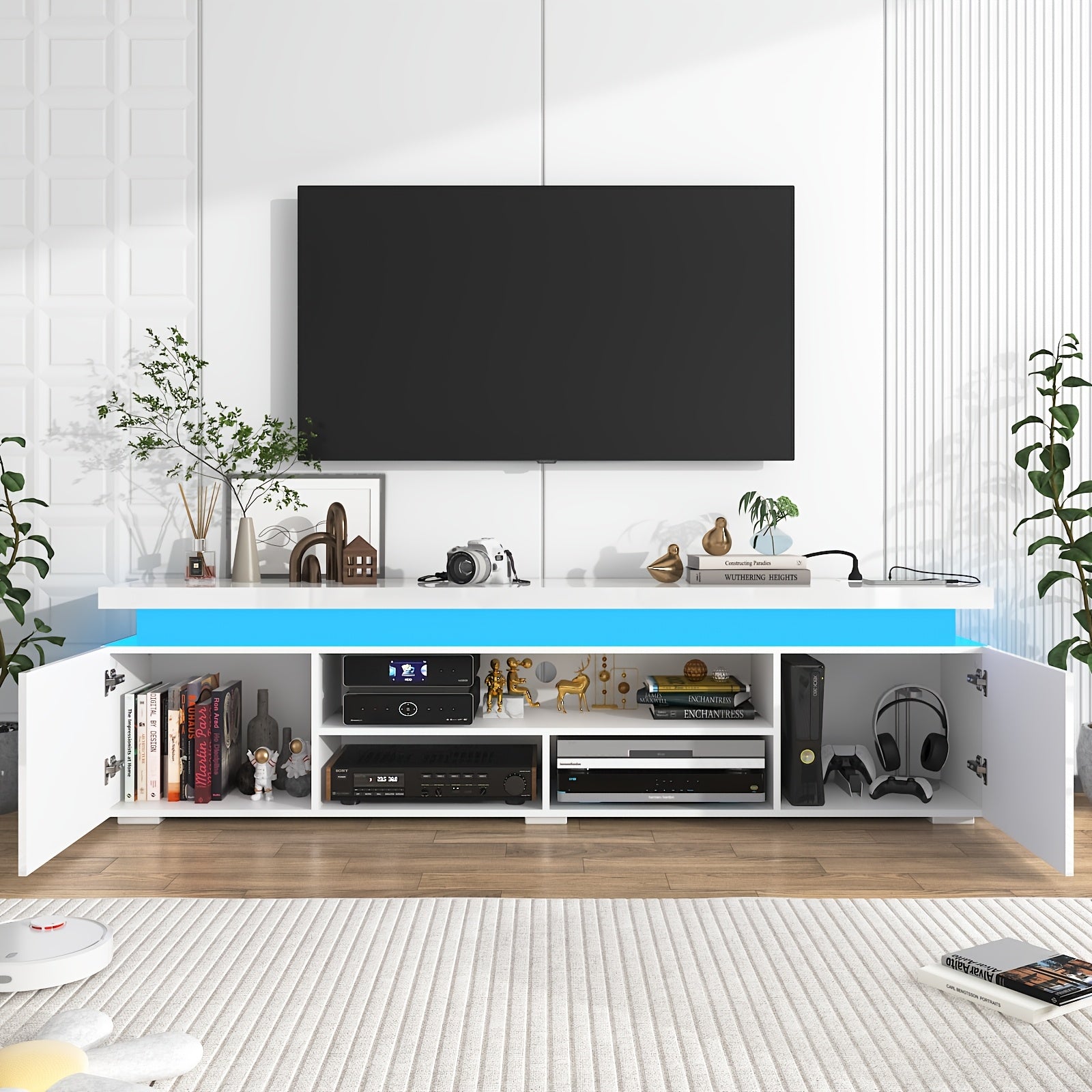 LED TV Stand For Up To 95" TVs, Modern Gaming TV Stand With Power Outlet, 83" High Gloss Large Entertainment Center Console Table Gaming Soundbar Shelf For Living Room