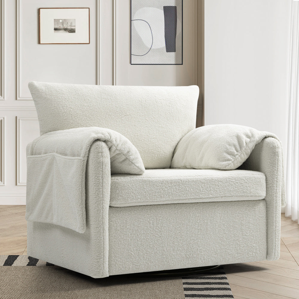 Luxurious Oversized Swivel Armchair - Modern Accent Chair with Soft Teddy Fabric, 360° Rotating Metal Base, and Removable Cushions for Living Room & Bedroom Comfort, Chair for Living Room, Single Sofa Lounge, Comfortable Sea