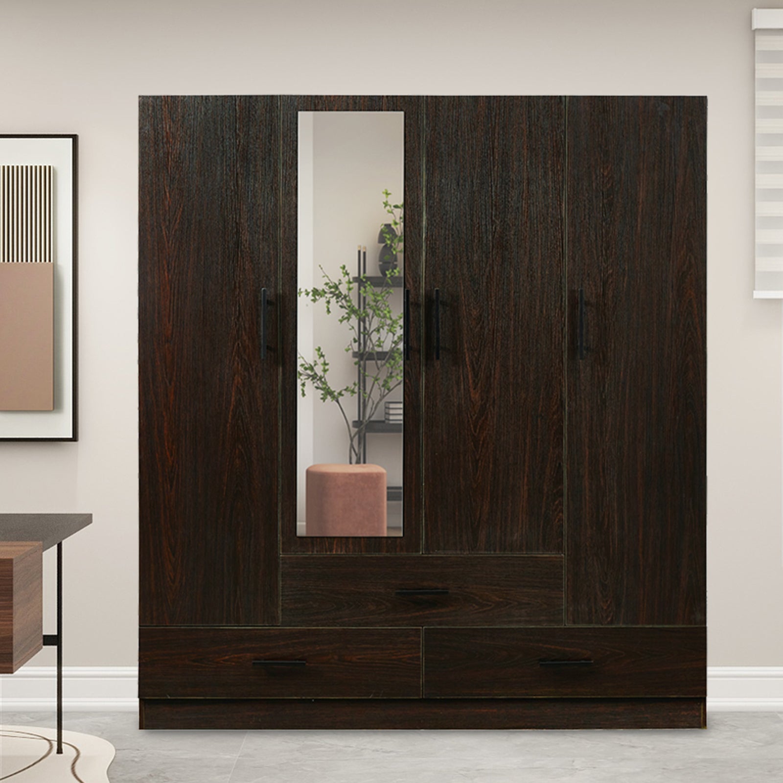 4-Door Armoires Wardrobe Closet with Hanging Rods & Drawers, Wood Bedroom Wardrobe for Clothing Storage