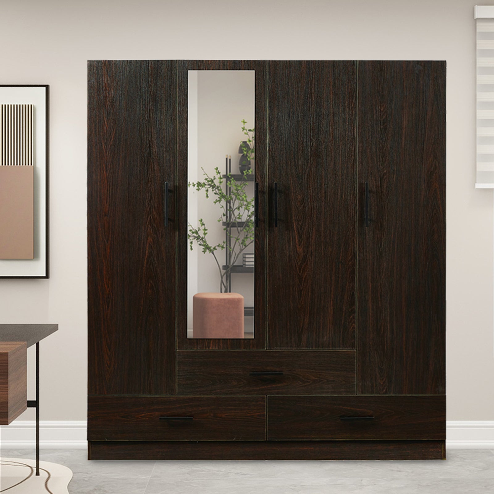 4-Door Armoires Wardrobe Closet with Hanging Rods & Drawers Wood Bedroom Wardrobe for Clothing Storage - Brown-39