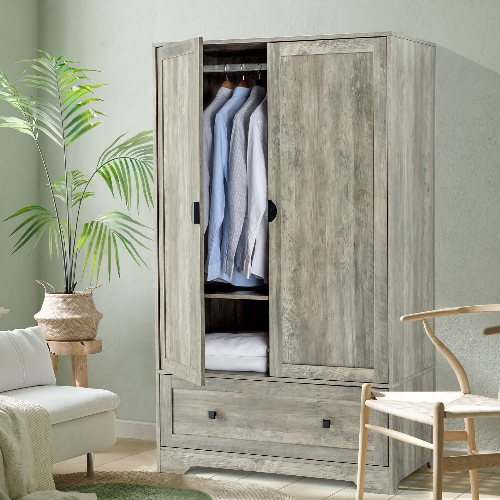 Wide Armoire Wardrobe Closet with Shelves, Hanging Rod and Drawers, Freestanding Closet Wardrobe Cabinet, Armoires and Wardrobes with Doors for Bedroom, Dorm