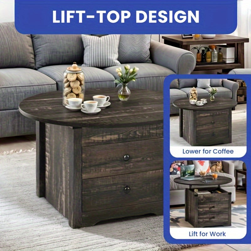 Round Lift Coffee Table, Living Room Coffee Table with Storage Space, 2-drawer and Hidden Storage Space Farmhouse Coffee Table, Dark Vintage Oak Center Table