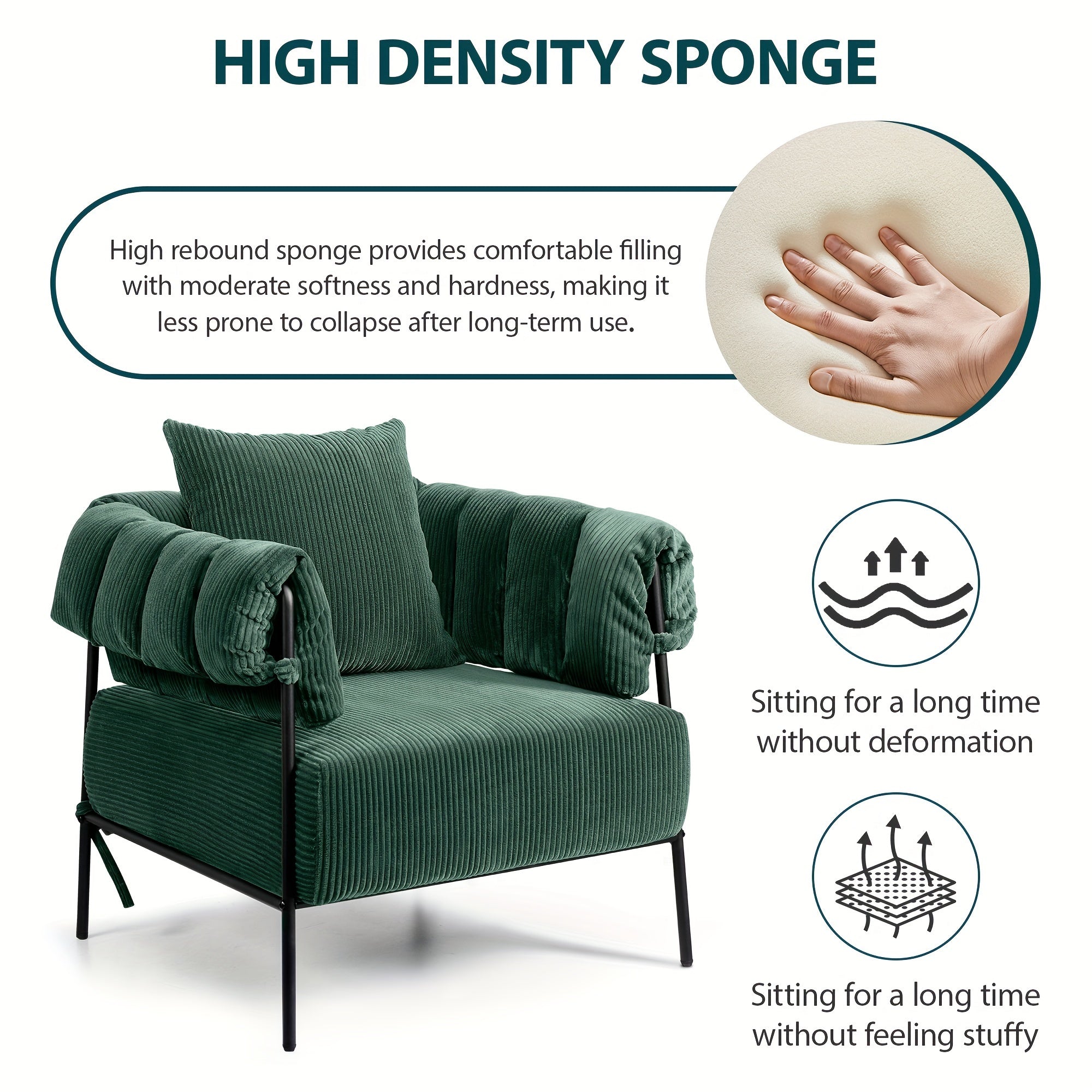 Sofa Chair Corduroy Fabric Modern Accent Chair With Metal Legs And High-Density Sponge Cushions