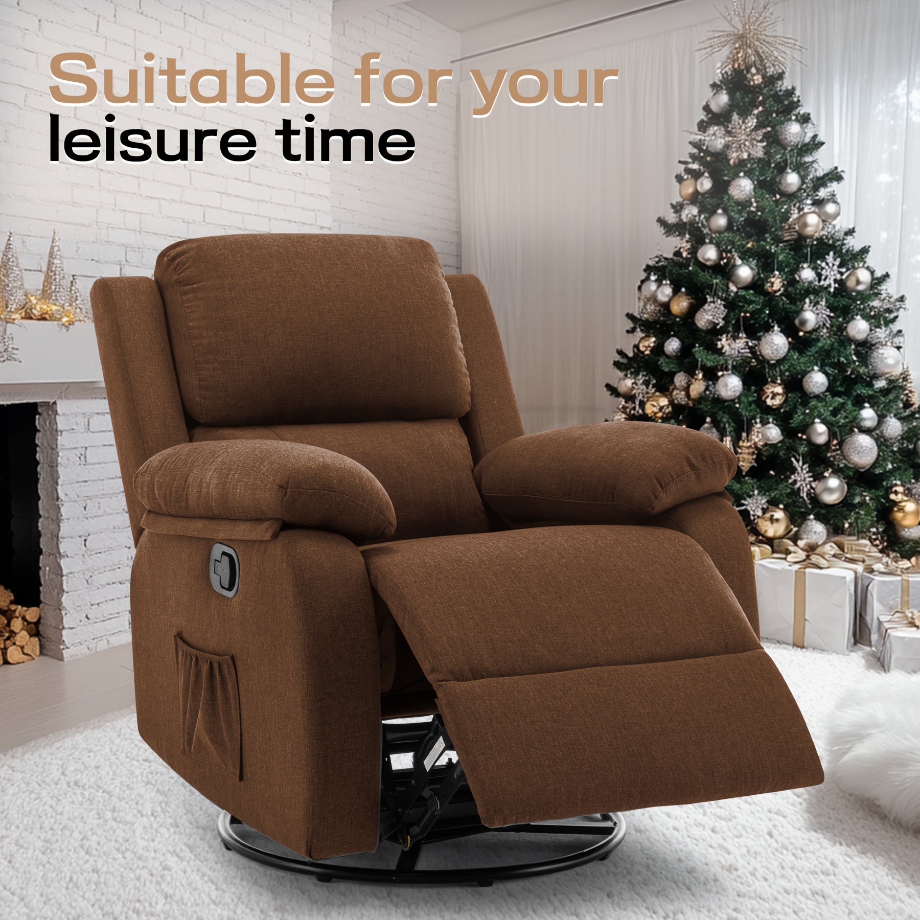 Recliner Chair, 360 Swivel Rocker Chair for Adults, Small Rocking Recliner Chair for Small Spaces, Upholstered Fabric Glider Recliner Chair with Side Pockets for Living Room