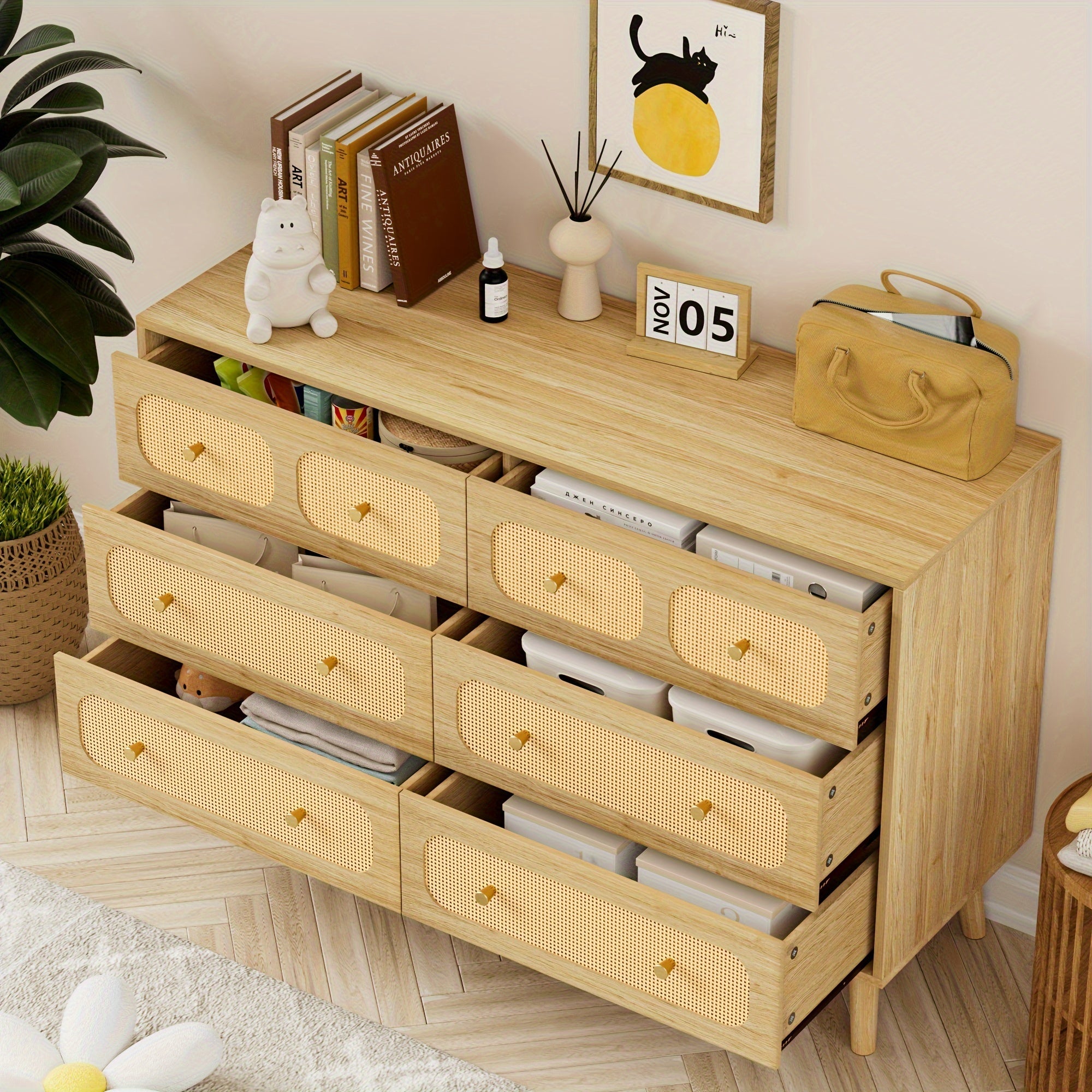 Rattan 6 Drawer Dresser For Bedroom, Wood Boho Double Chest Of Drawers With Storage And Golden Handle, Modern Natural Rattan Dresser For Living Room, Hallway, Entryway