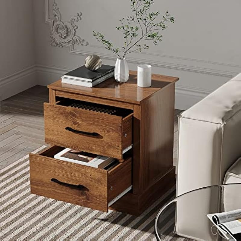 Farmhouse Nightstand Wood Bedside Table Storage Drawers Compact Floor Night Stand End Table Walnut Accent Sofa Side Table for Bedroom