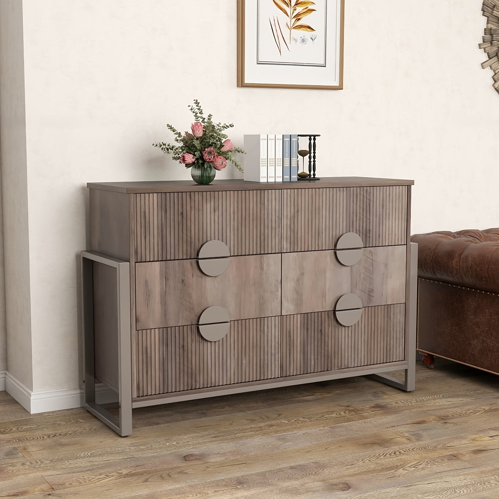 Dresser For Bedroom Wide Chest Of Drawers With Metal Frame Storage Organizer Unit With Fluted Panel 6 Drawer Dresser