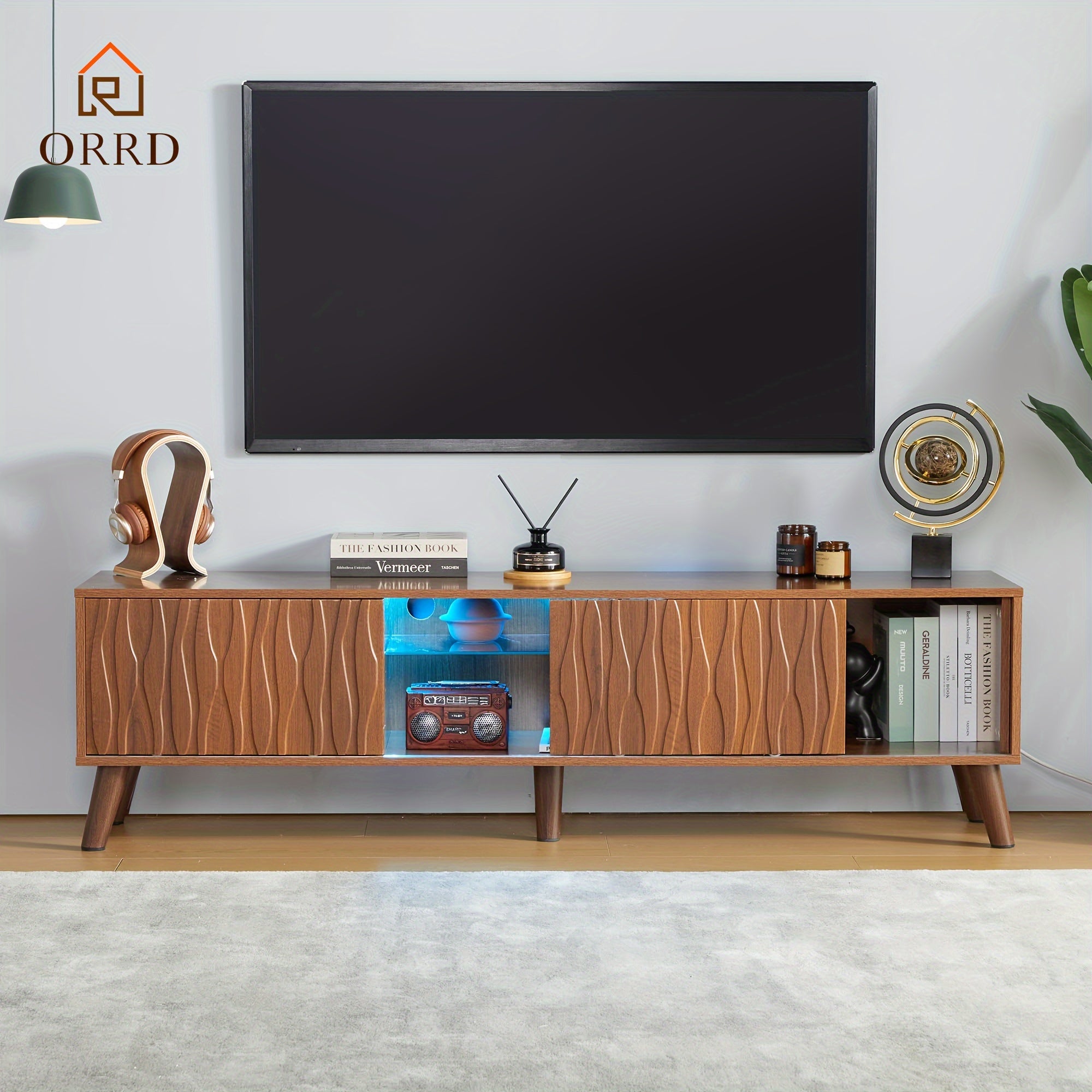 1pc Modern Walnut Finish TV Stand for Up to 70" Screens, Freestanding Hardwood & MDF Media Console with Sliding Door, Cabinet Design, Ample Storage, Easy Assembly, No Power Needed