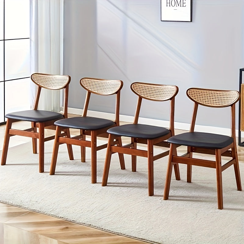 Set of 4 Elegant Oak & Walnut Wooden Dining Chairs with Faux Rattan Backrest, Comfortable PU+Foam Cushioned Seats - Mid-Century Modern Style, Durable & Sturdy for Kitchen, Living Room, Office