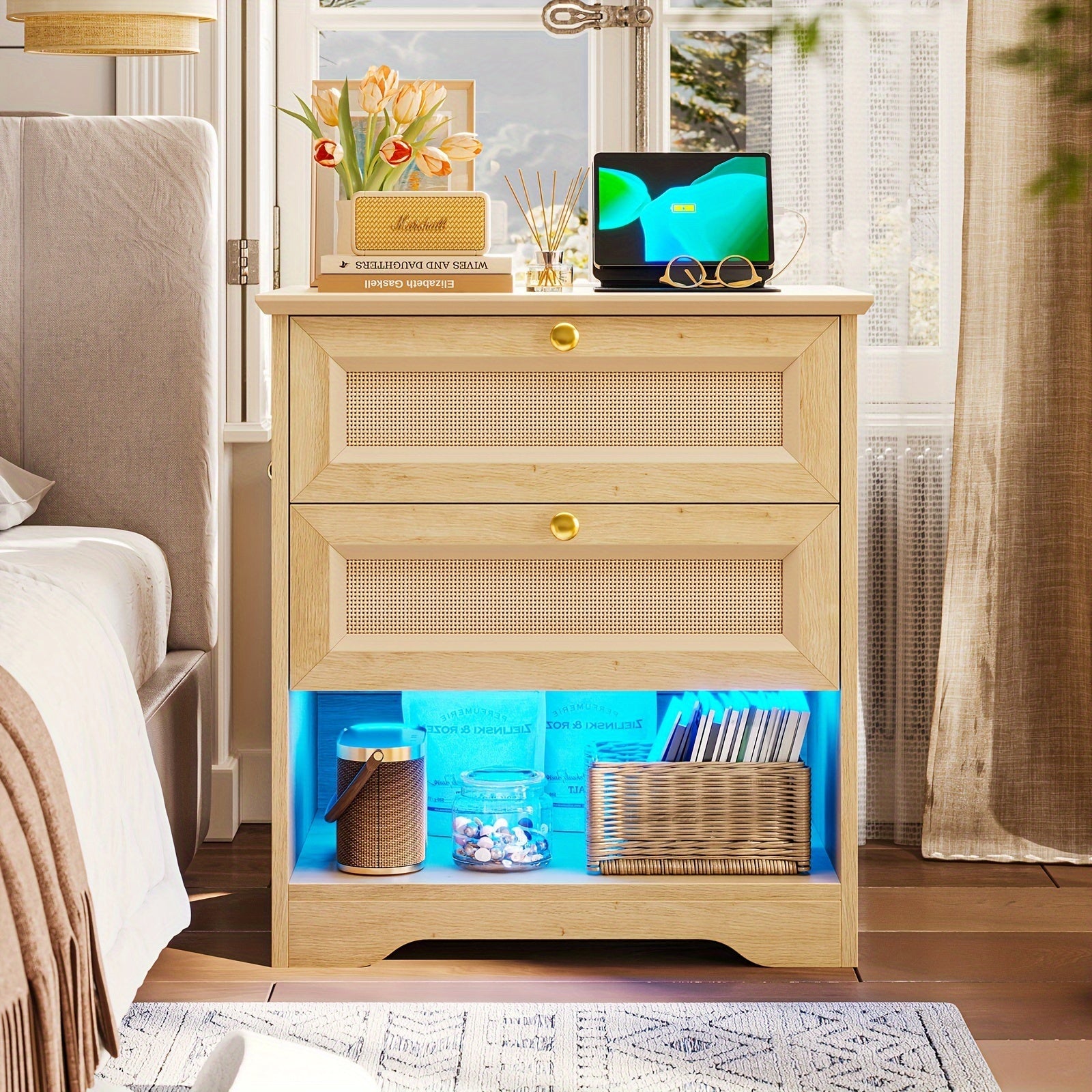 Chic Rattan Nightstand with 2 Drawers & LED Lights - Versatile Bedside Table in Natural or Black Finish