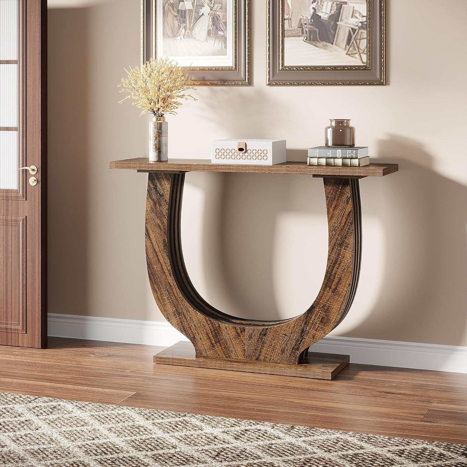 Chic 41.34" Farmhouse Console Table - Rustic Brown & Black, Sturdy Geometric Base, Waterproof Wood Veneer Top - Perfect for Entryway, Hallway, Living Room