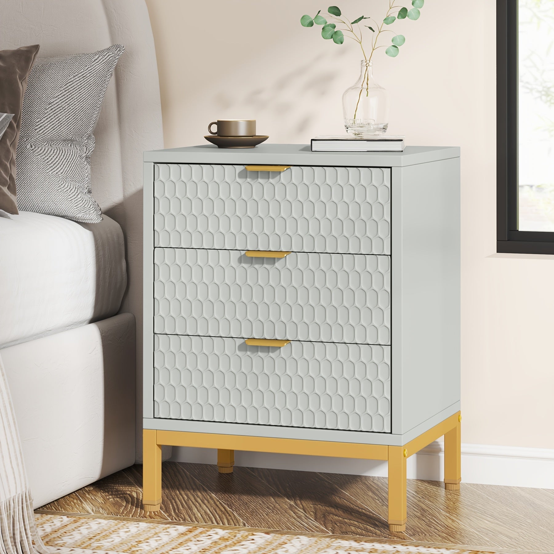 Modern White & Golden 3-Drawer Nightstand - Spacious Bedside Table with Storage, Durable Metal Frame, Ideal for Bedroom Organization, Bedside Table for Bedroom, Side End Table, Storage Lockers, BYBLIGHT