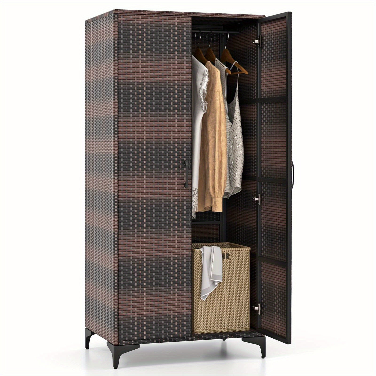 Wicker Wardrobe with 2 Doors, 62" PE Rattan Wardrobe Armoire Closet w/ Hanging Rod & 4 Storage Cubes, Clothes Organizer for Bedroom, Storage Cabinet for Home, Patio, Garage