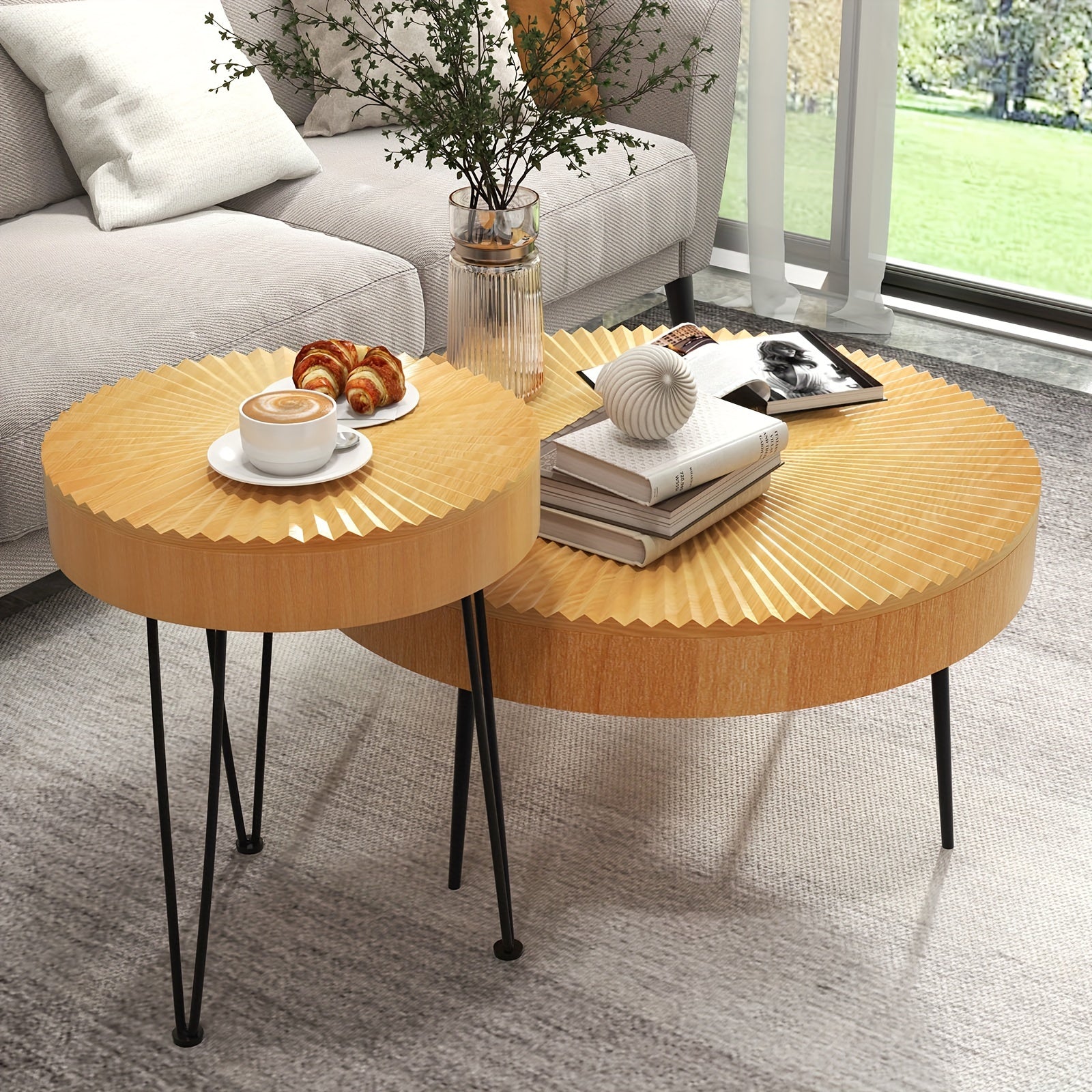 2pcs Farmhouse Round Coffee Table, End Table Natural Finish For Living Room