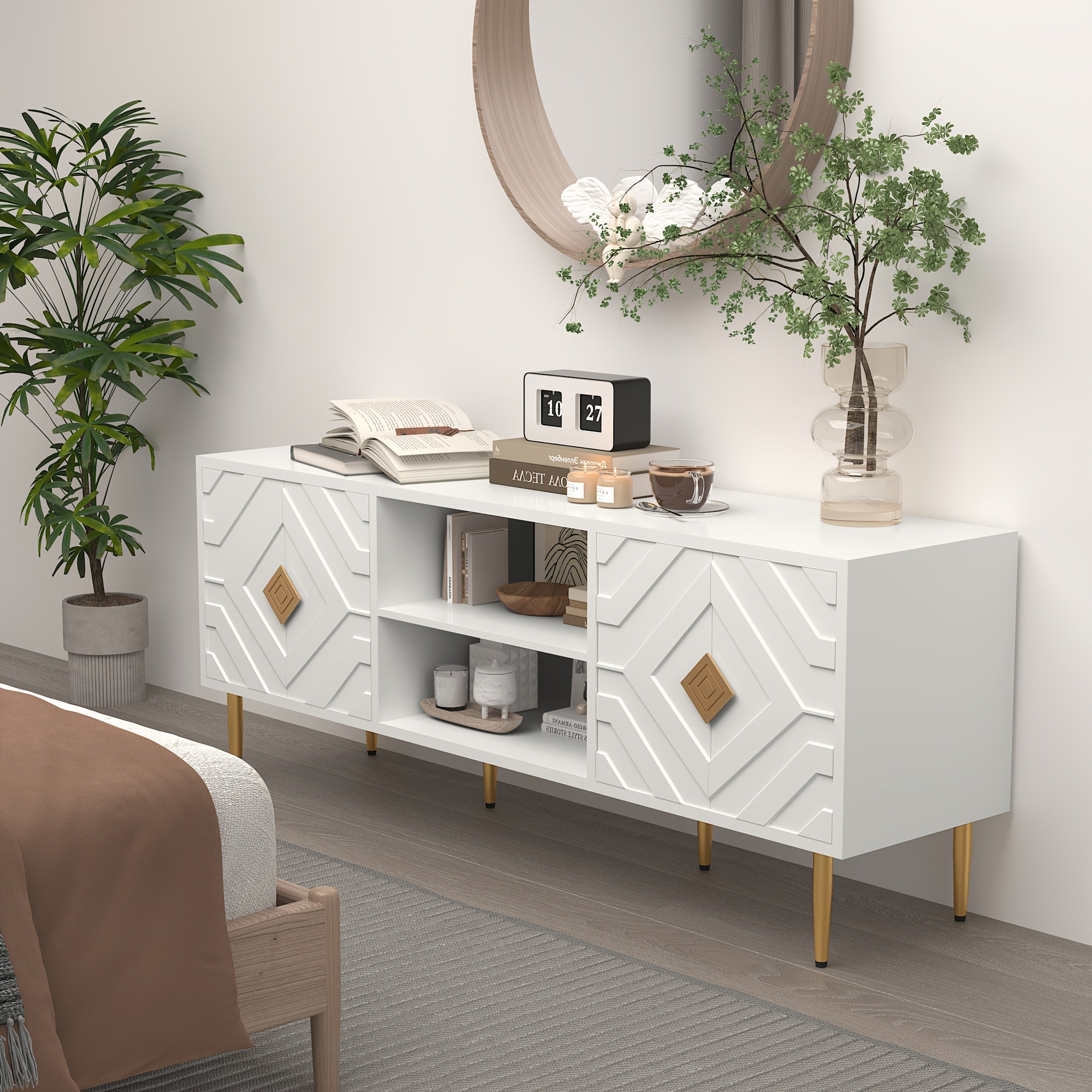 TV Stand For 65/70/75 Inch TV Entertainment Center With Storage Cabinets And Embossed Pattern Doors Mid Century Modern