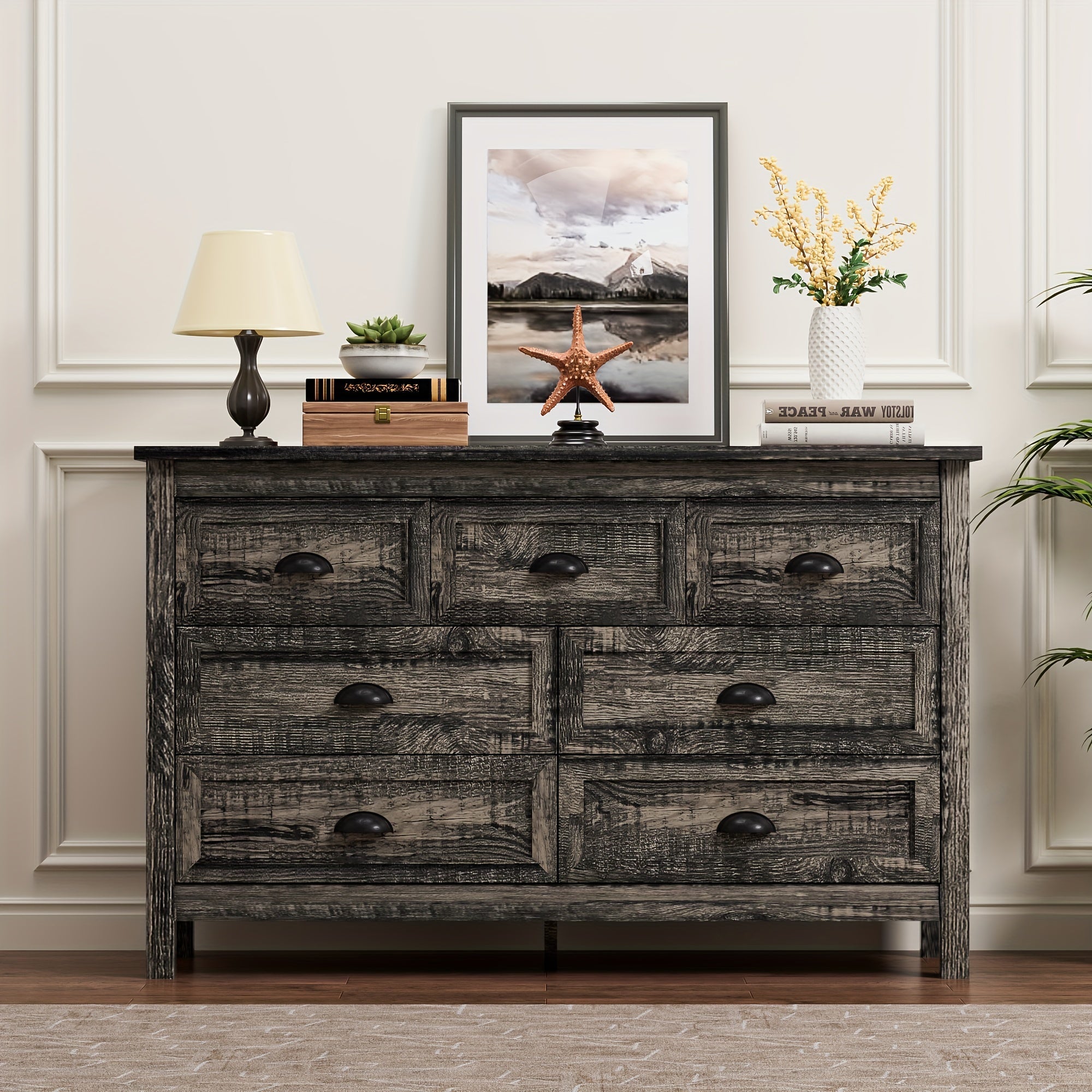 Farmhouse Dresser For Bedroom, 7 Drawer Dresser With Vintage Black Handle, Wide Wood Dressers & Chests Of Drawers For Hallway, Entryway, Living Room