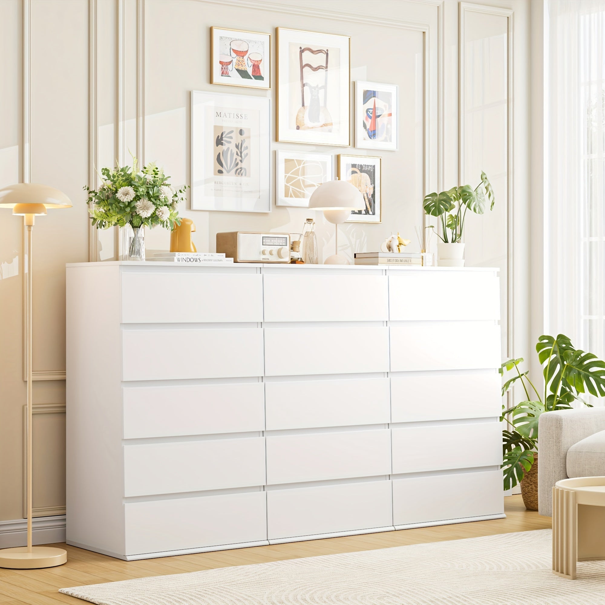 White Dresser For Bedroom, 5 Drawer Dresser With Fluted Handles, Modern Tall White Dresser For Bedroom, Living Room, Entryway