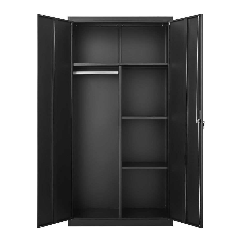 Metal Wardrobe Cabinet with Hanging Rod and Lock, black Armoire Wardrobe Closet, Clothing Locker Storage Cabinet with Adjustable Shelves and Doors, Wardrobe Storage Cabinet for Home, Living/ Laundry Room