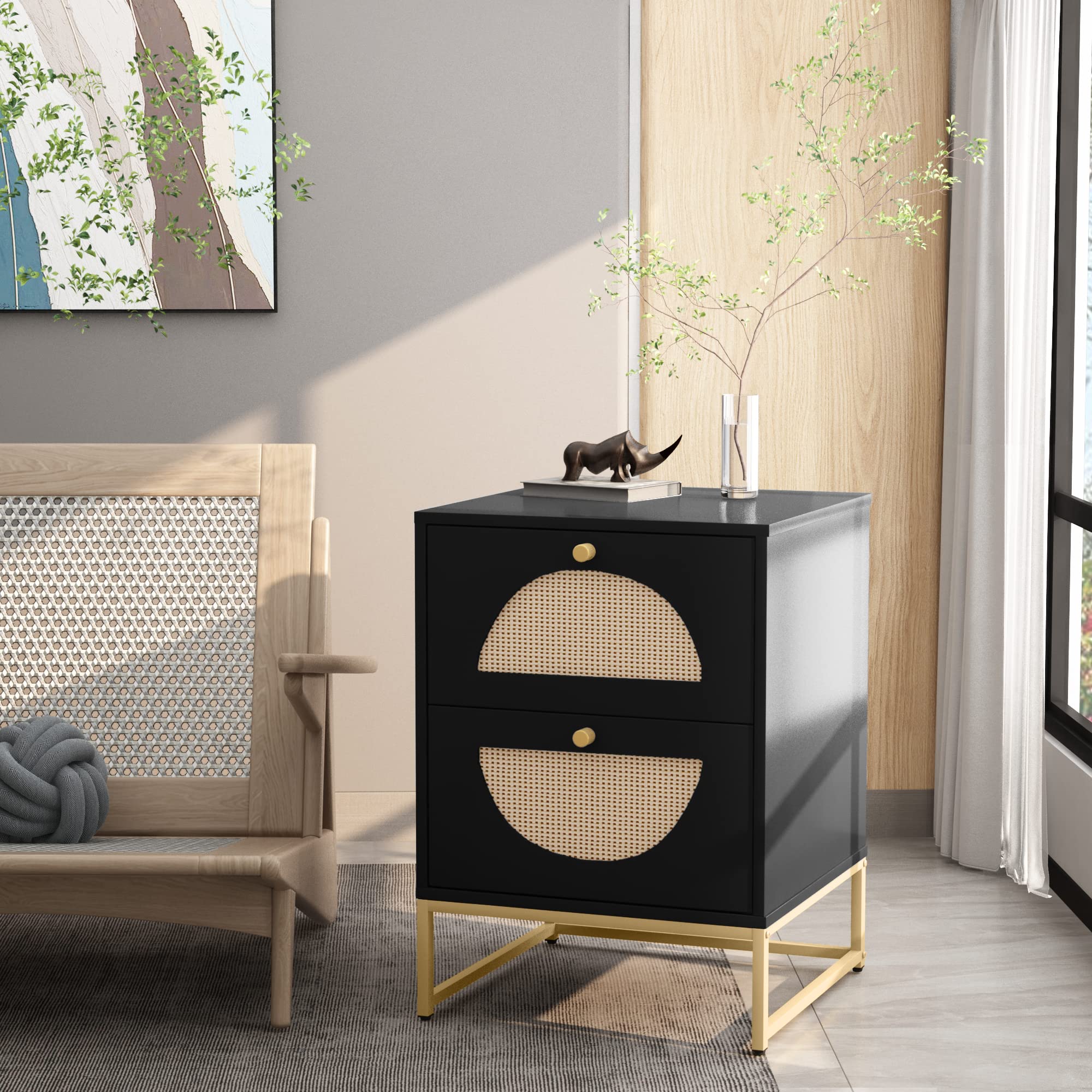 Modern Rattan Nightstand, Multi-Functional Side Table with Two Storage Drawers, Suitable for Living Room, Bedroom and Small Space Storage Table