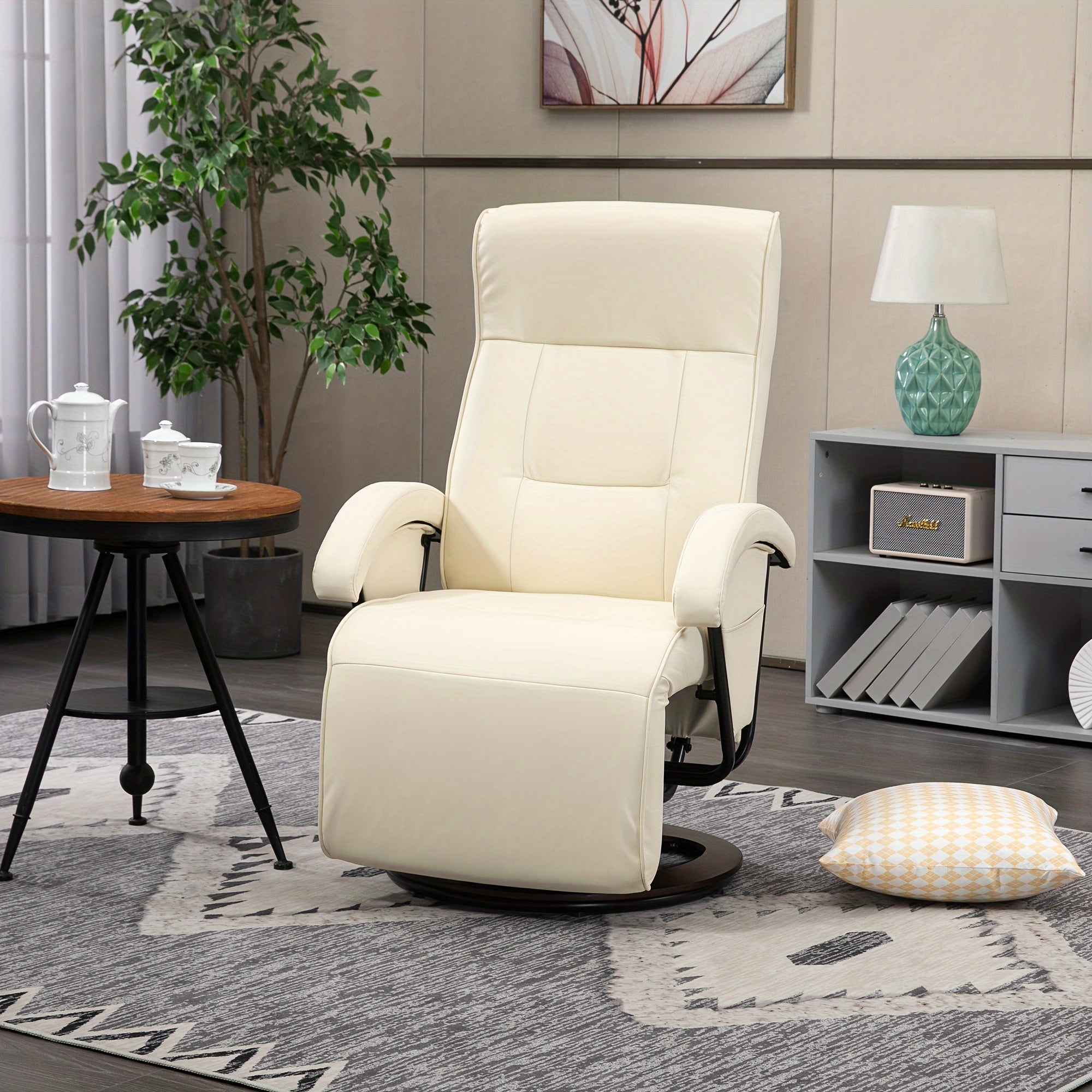 PU Recliner with Footrest, Lounge Chair with 135° Adjustable Backrest, Swivel Wood Base, Padded Seat & Armrests for Living Room, Beige