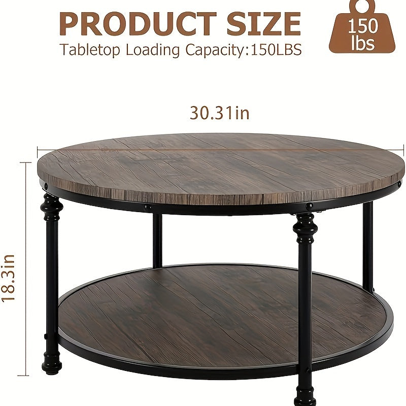 Elegant Vintage-Style Round Coffee Table with Storage Shelf - Sturdy Wood & Metal Legs, Easy Assembly, Waterproof MDF Top