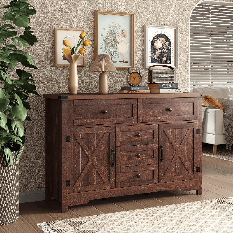 Solid Wood Farmhouse Dresser Chests for Bedroom with 5 Drawers & 2 Barn Doors Tall Chest of Drawers Rustic Dresser TV