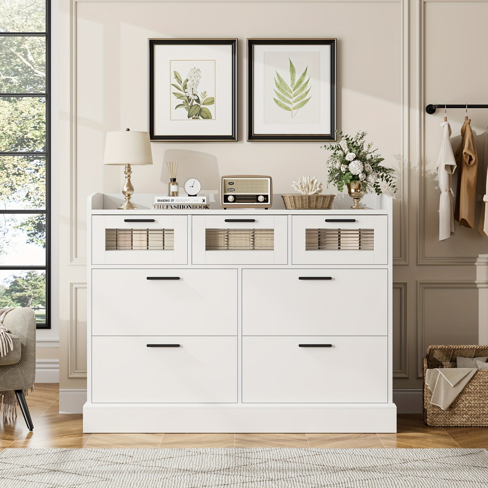 Modern 6 Drawer Dresser For Bedroom, Double Wide Chest Of Drawers With Storage, Tall Dresser With Metal Handle & Fluted Glass, Wood Console Cabinet With Fence For Living Room, Entryway, Ash Gray, White, Black+Gold