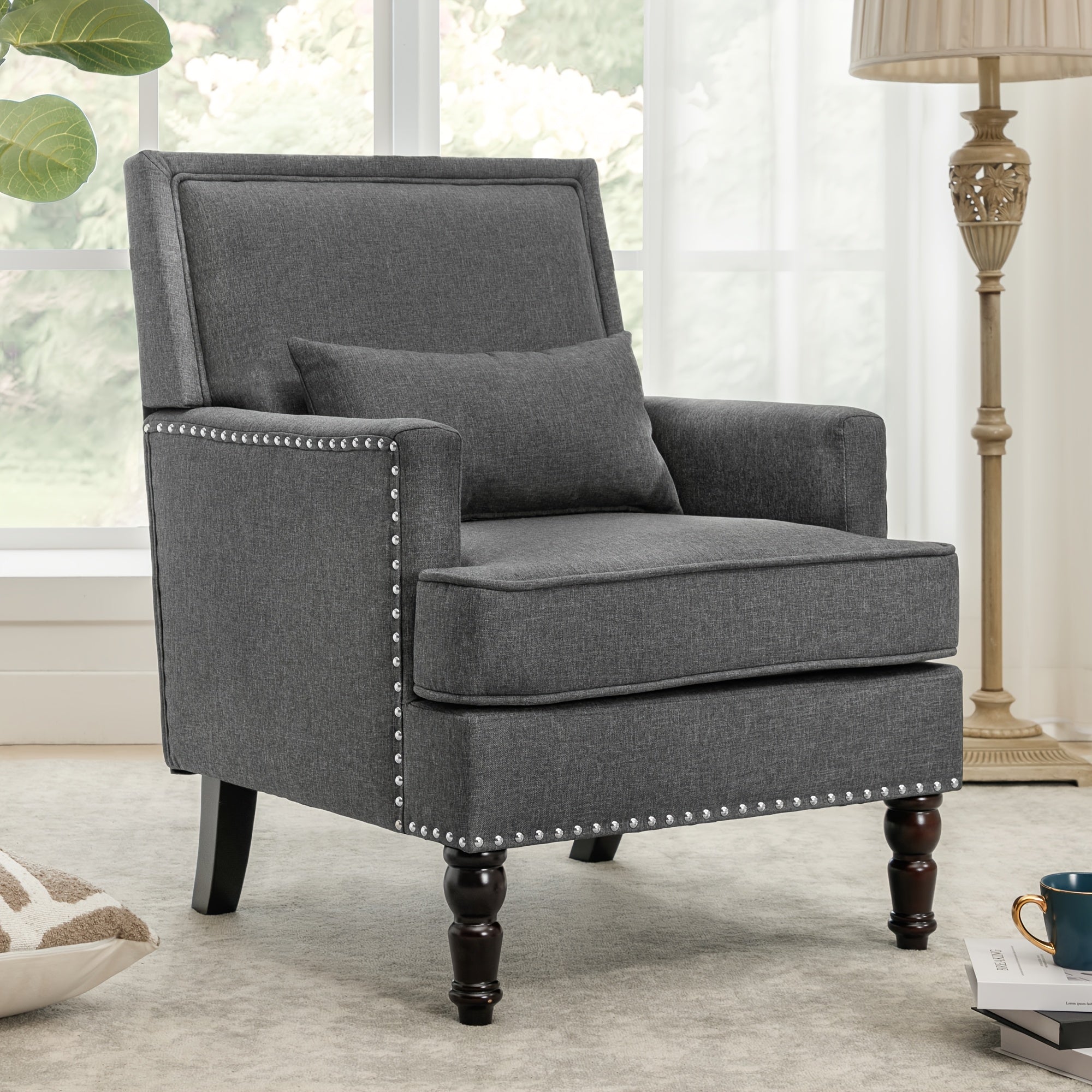 Linen Upholstered Accent Chair with Arms, Mid-Century Armchair for Bedroom, Living Room, Solid Back, Rivet Design, Non-Adjustable Seat, Polyester Filled, Easy Wipe Clean - Grey