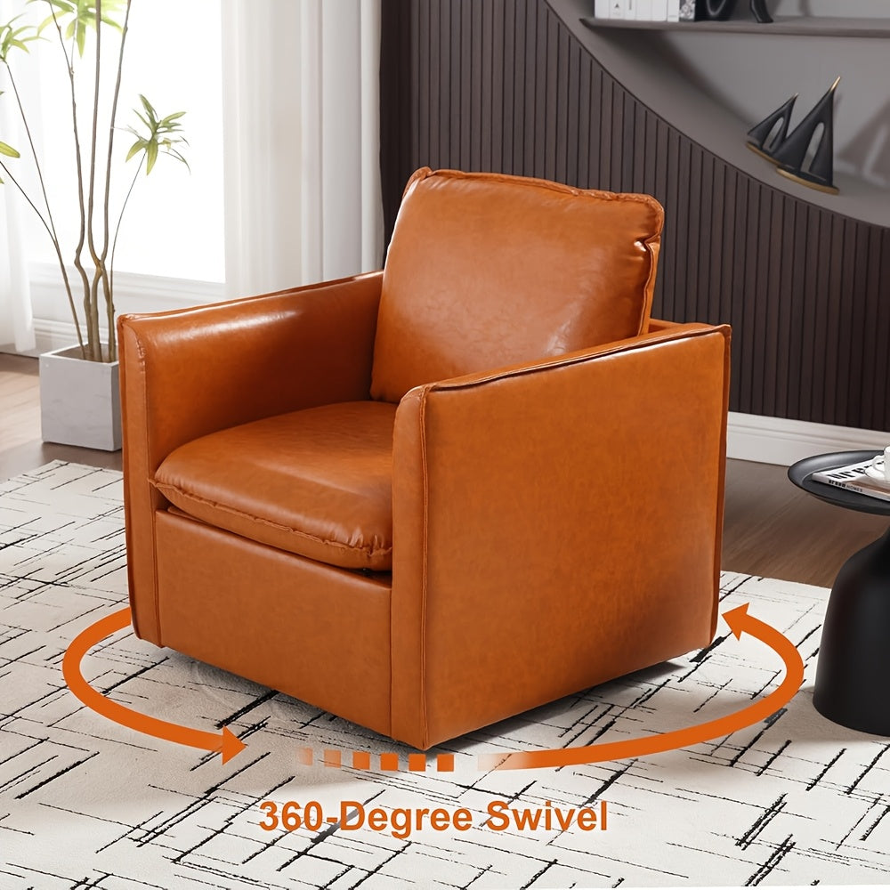 Chic Brown Swivel Accent Chair with Cozy Pillow - Mid-Century Style, Soft Faux Leather Armchair for Living Room, Bedroom, Office - 360° Rotating Single Sofa Reading Chair