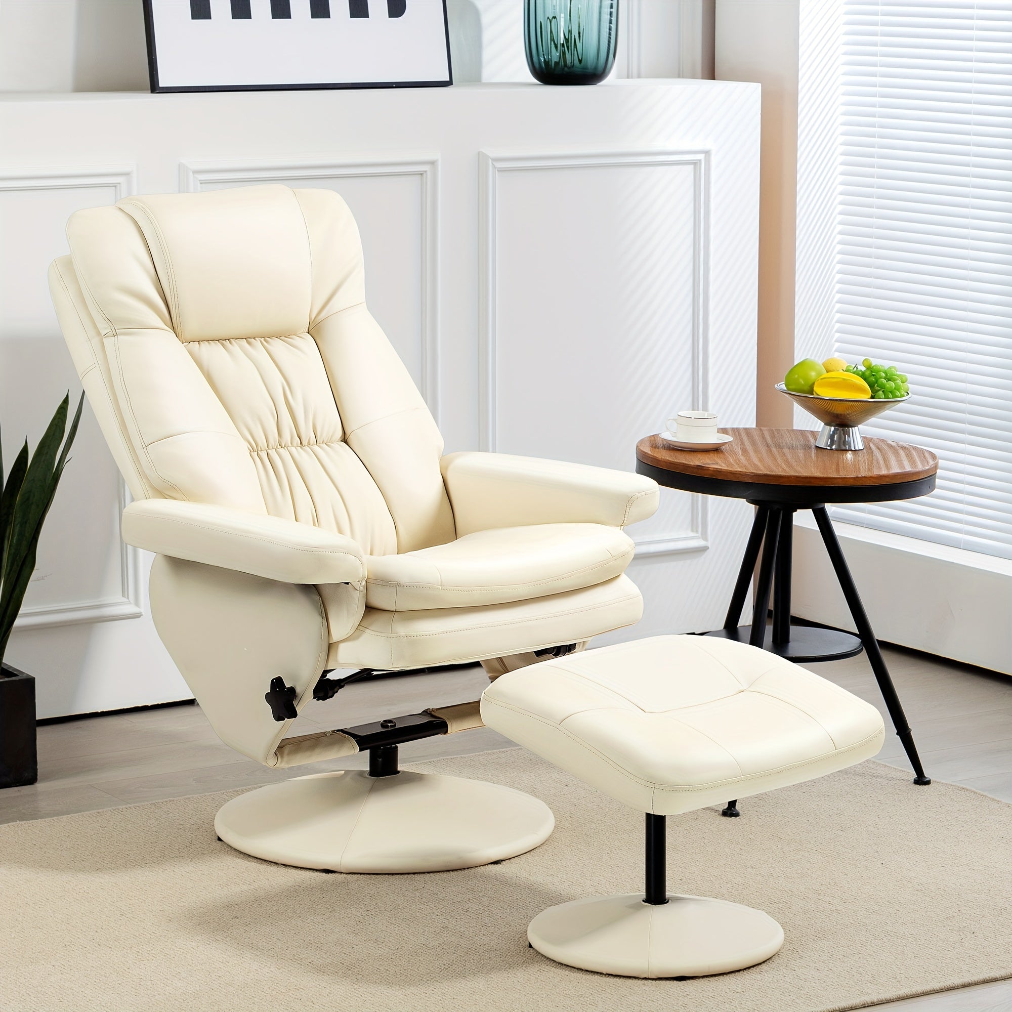 Swivel Recliner With Ottoman, PU Leather Reclining Chair With Ottoman, Upholstered Recliner And Footrest With Wrapped Base For Living Room, Bedroom And Home Office, Cream White