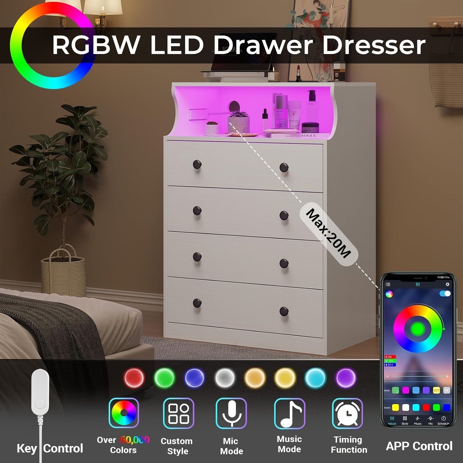 LED Dresser with 4 Large Drawers and Open Space Large Capacity Tall Storage Cabinet. - White - Dresser Westberry