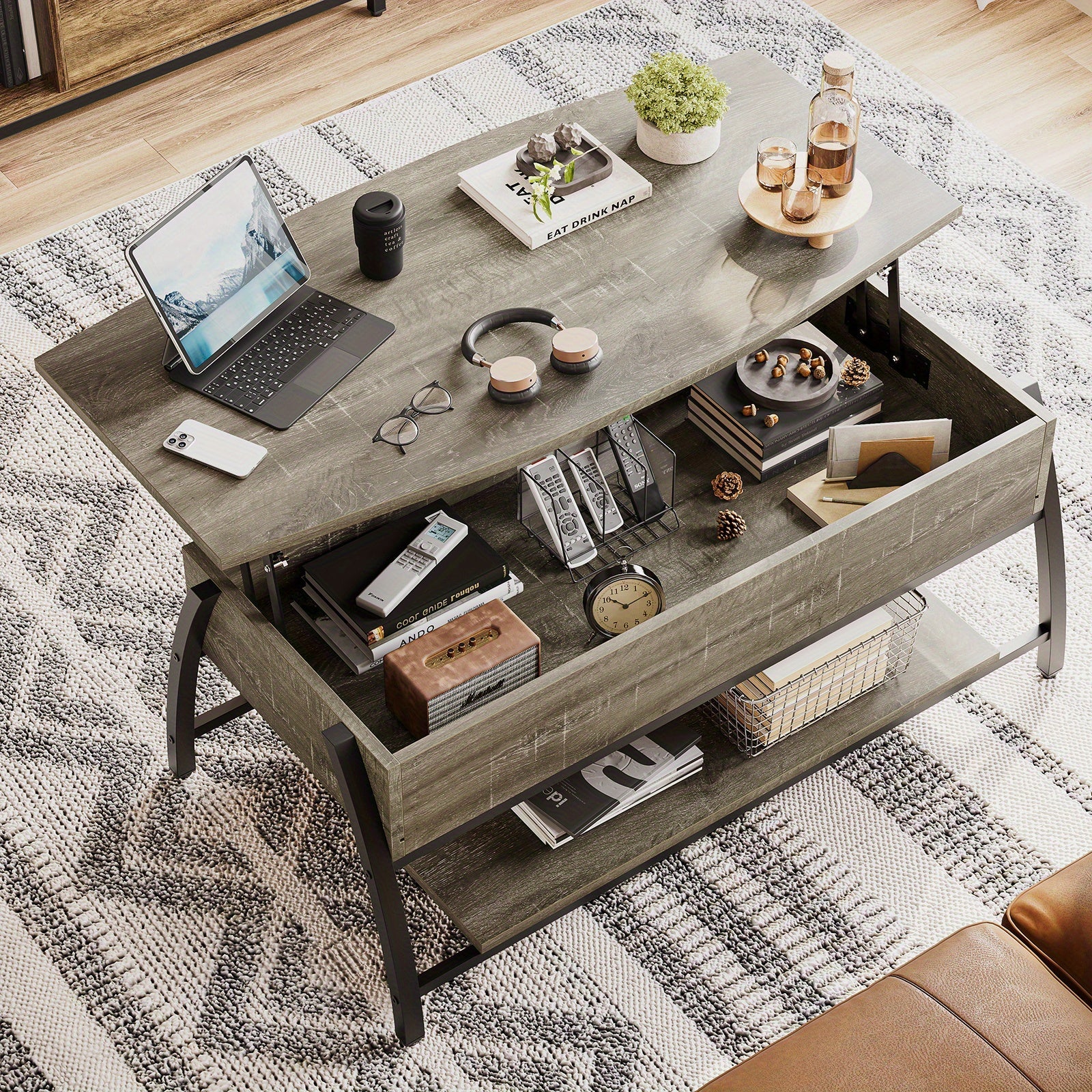 Modern Adjustable Height Coffee Table, Wood-Based Panel & Solid Wood, Industrial Style, with Lift-Top and Storage, for Living Room