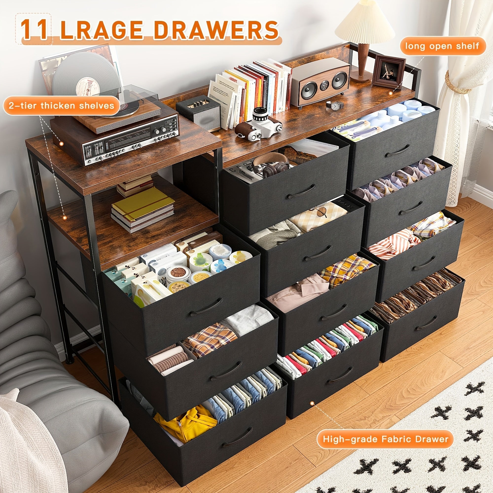 Dresser, Dresser For Bedroom With 11 Drawers, Dresser TV Stand With Shelves, Long Dressers & Chests Of Drawers, Wide Dresser For Bedroom Dresser With Sturdy Metal Frame & Wood Top, Black