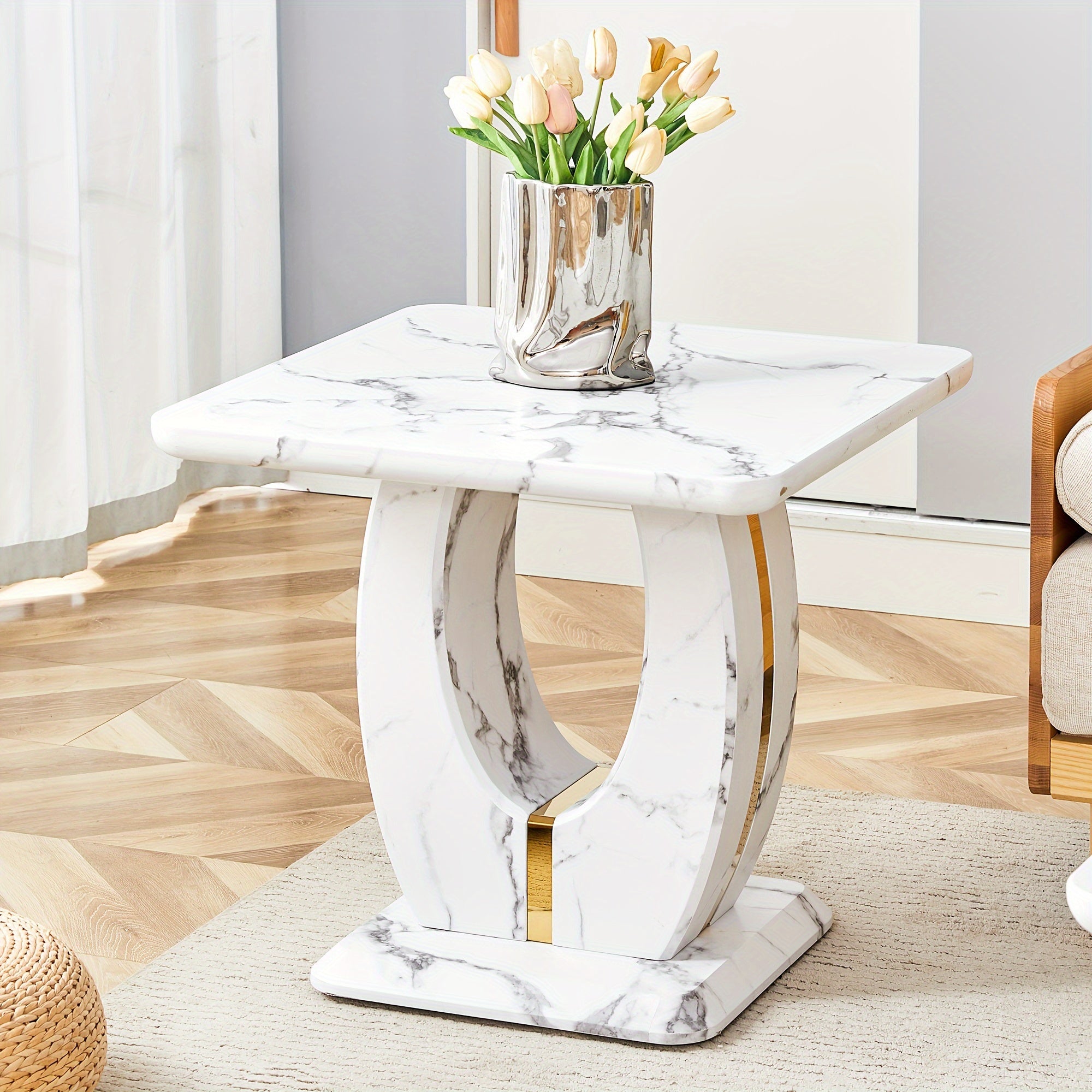 Modern Faux Marble Pattern Side Table with Golden Accents 23.6’’ Square Top Adjustable Foot Pads And Sturdy Base