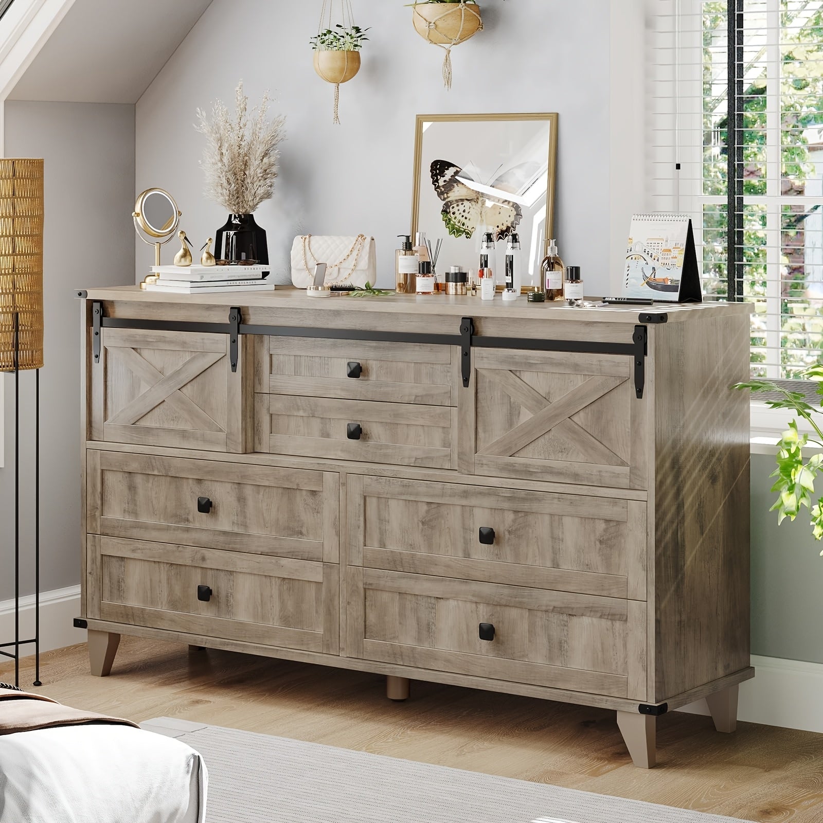 Chic 6-Drawer Farmhouse Dresser in Natural Wood Finish with Sliding Barn Doors - Vintage Style Chest of Drawers for Bedroom & Living Room Storage, Featuring Antique Metal Accents