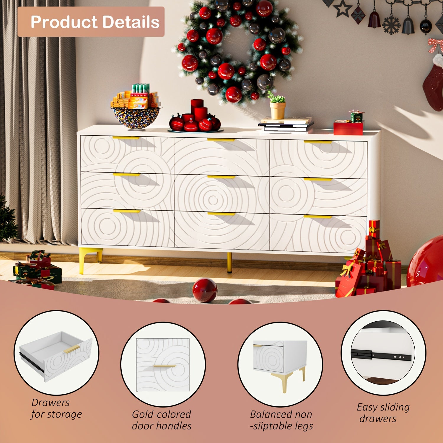 9/6-Drawer Modern Storage Cabinet Gold-Accented Handles Geometric Pattern Sturdy Metal Legs Easy-Slide Drawers Living