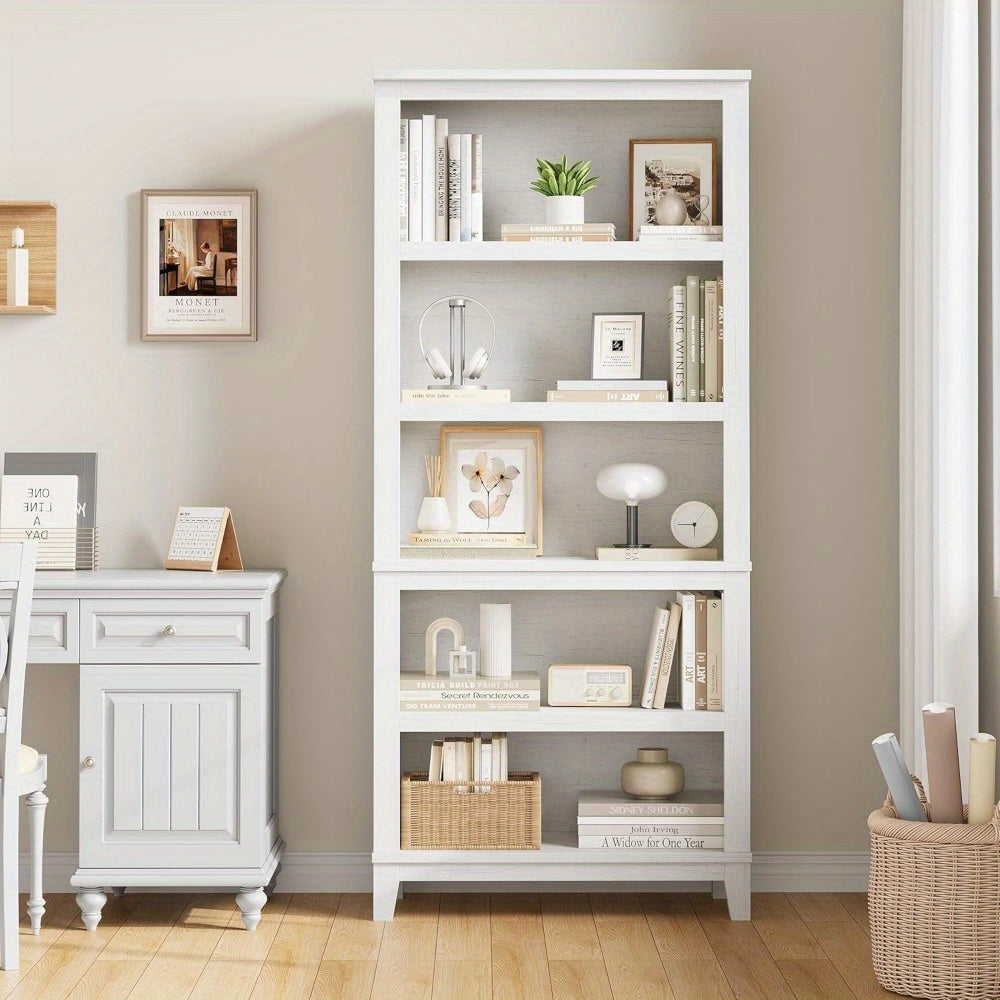 Rustic Farmhouse Wooden Bookcase 5-Tier Storage Bookshelf Vintage Etagere for Home Office Living Room Bedroom - White