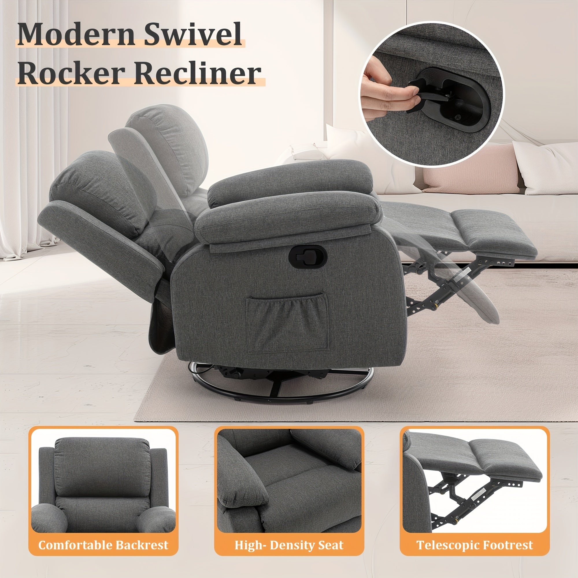 Ergonomic Grey Linen Recliner Chair with 360-Degree Swivel, Side Pockets - Perfect for Small Spaces, Manual Operation, KORSER