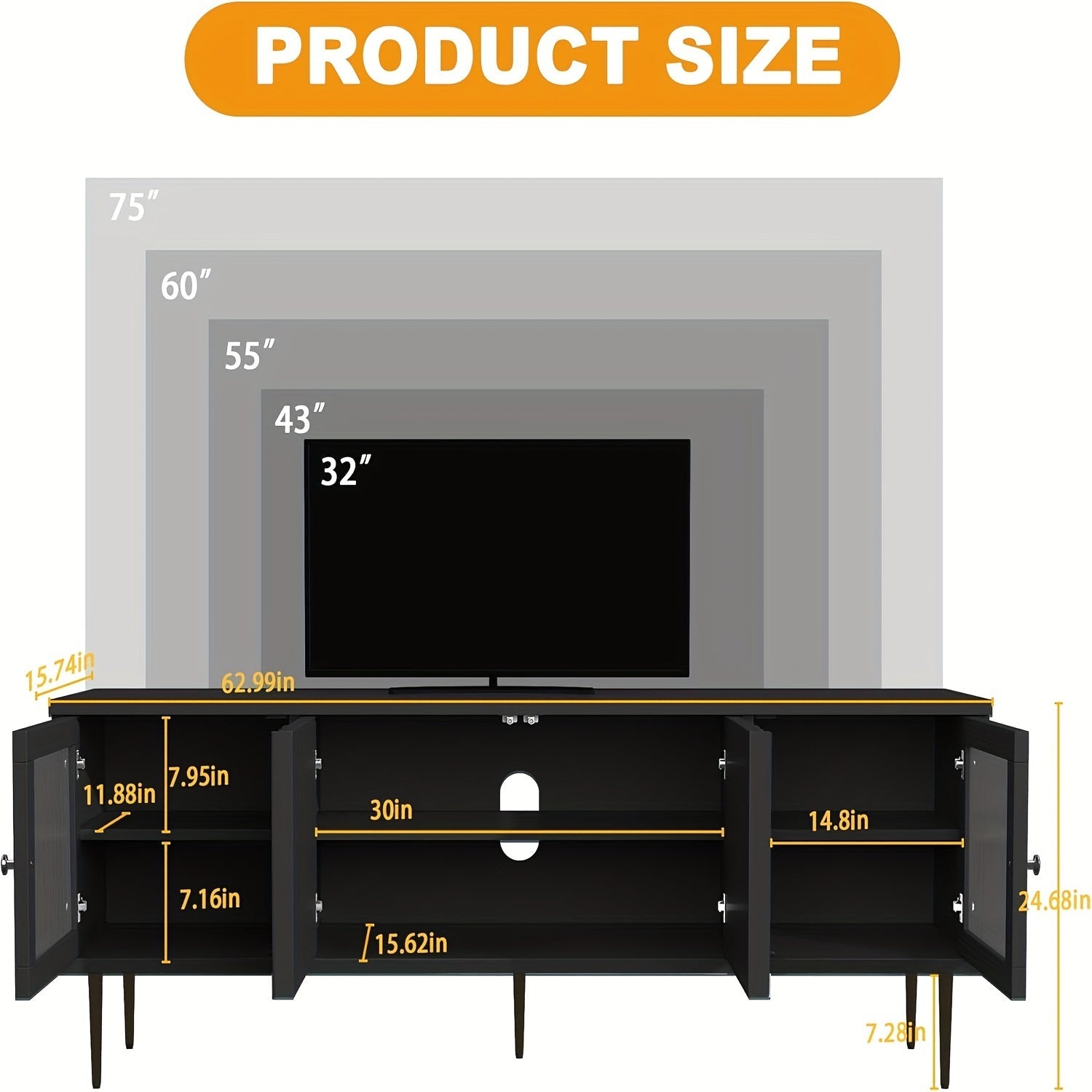 TV Stand For TVs Up To 75", Mid Century Modern TV Console With 3D Flower Pattern, Wood Entertainment Center With 2 Fluted Glass Doors, Media Console Table With Storage For Living Room