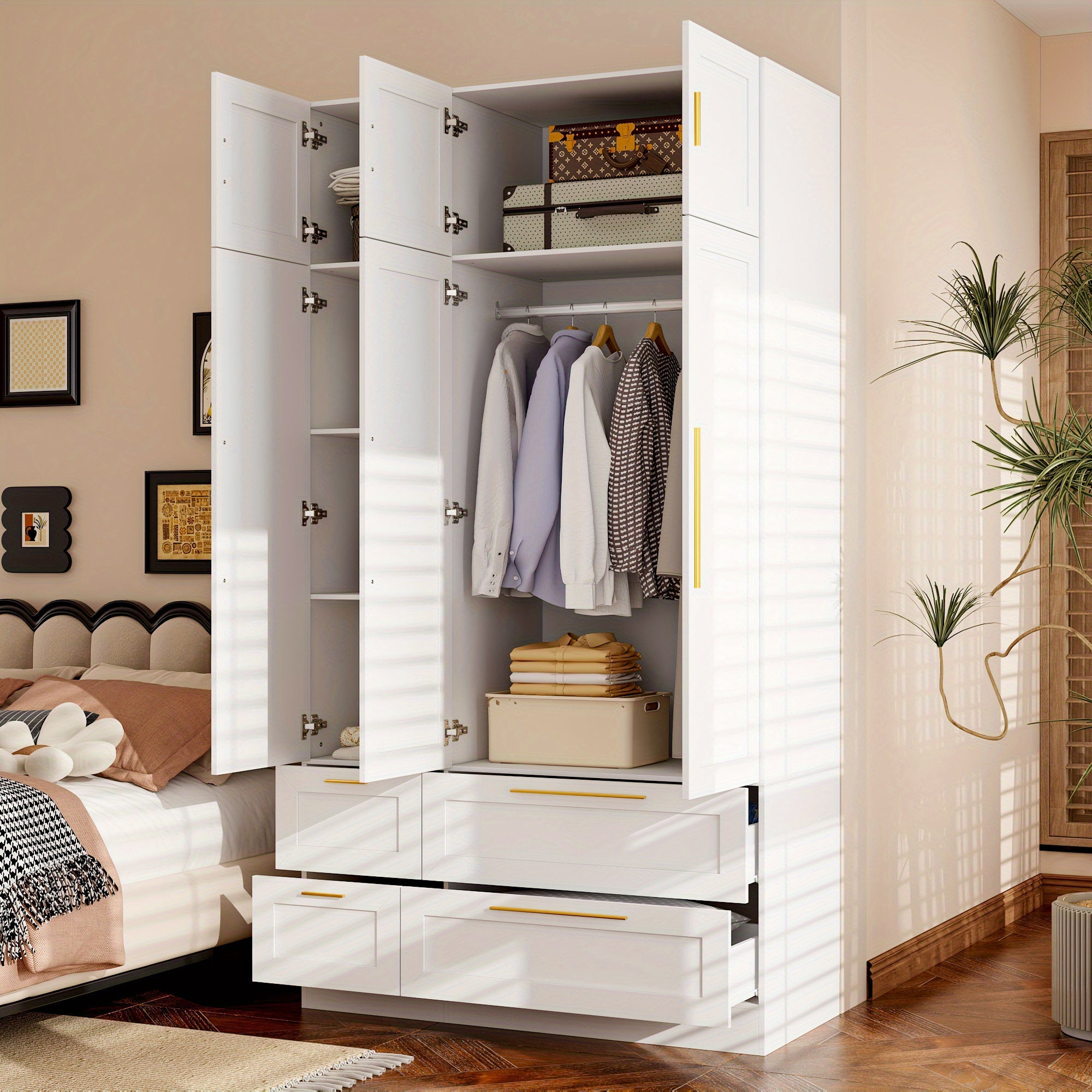 Wardrobe Armoire Wooden Closet With Mirror, 6 Doors, 4 Drawers And Hanging Rods For Bedroom, Christmas Clearance Furniture For Home, Large Storage Space, Stylish And Modern Degign, White