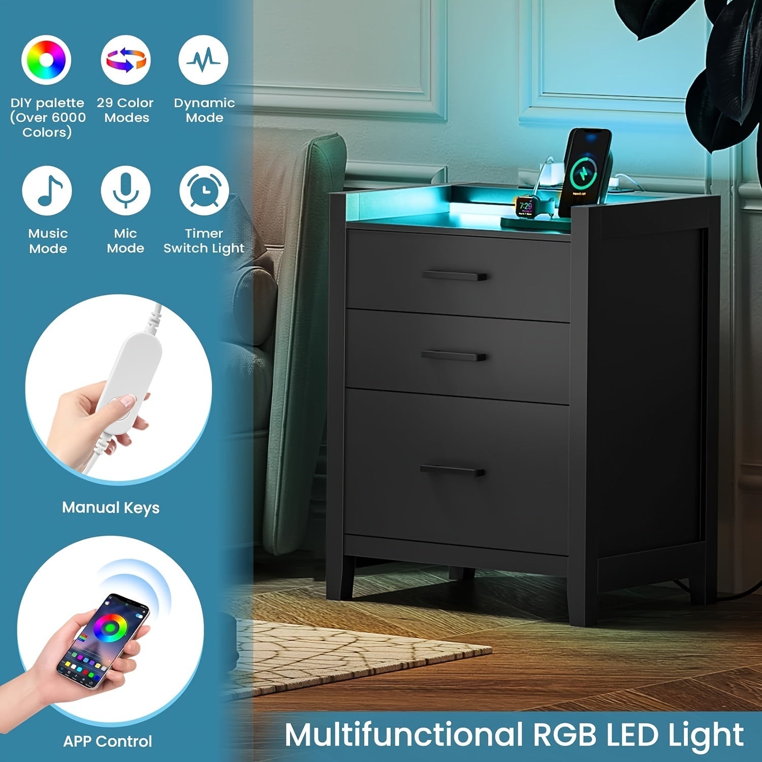 Black Nightstand with LED Light and Charging Station, Nightstand with 3 Drawers, End Side Table with USB Ports and Outlets, Modern Bedside Table for Bedroom, 1pcs