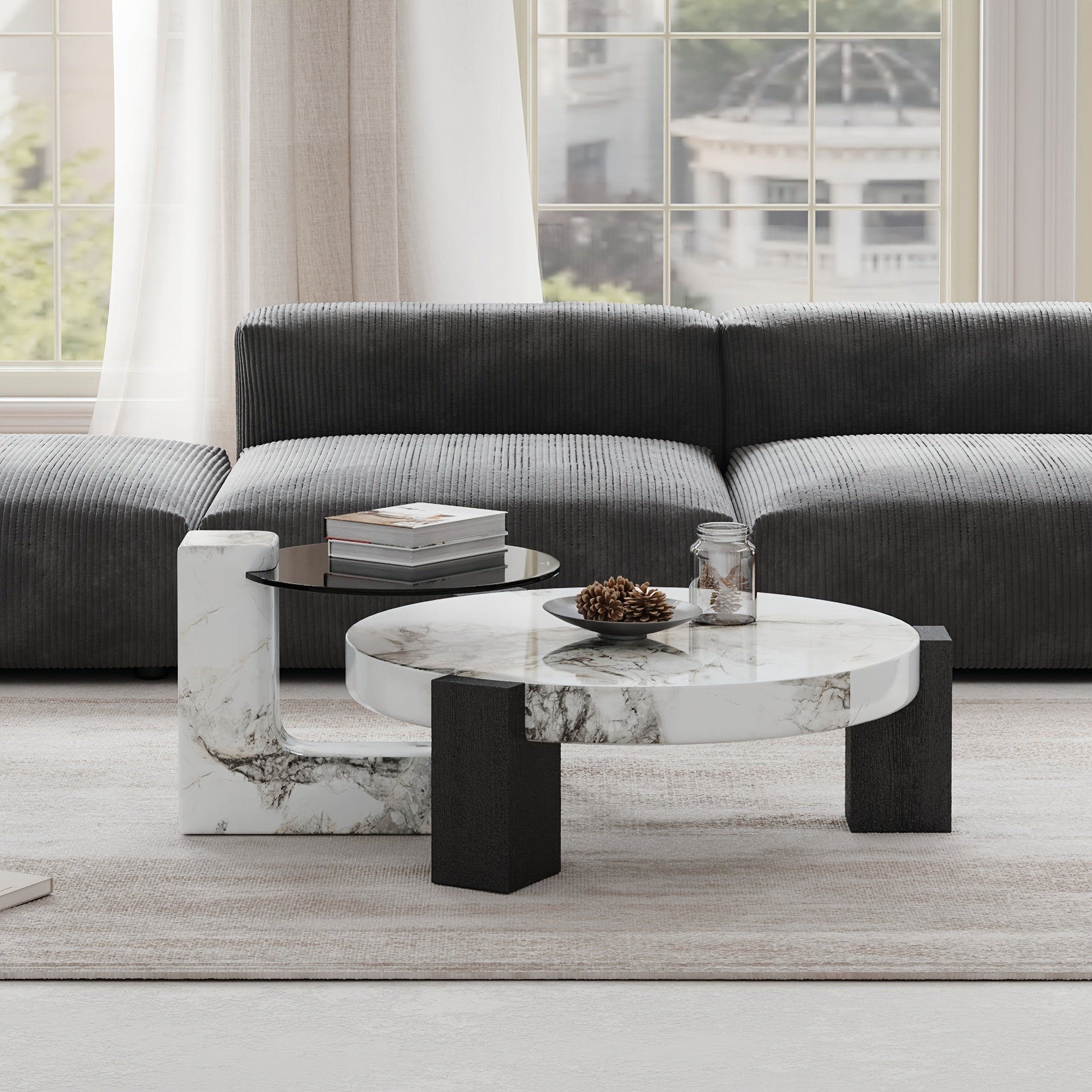 Elegant Modern Coffee Table Set with Faux Marble Top - Includes Large Round Center Table & Glass-Top Side Table, Perfect for Living Room or Office Decor