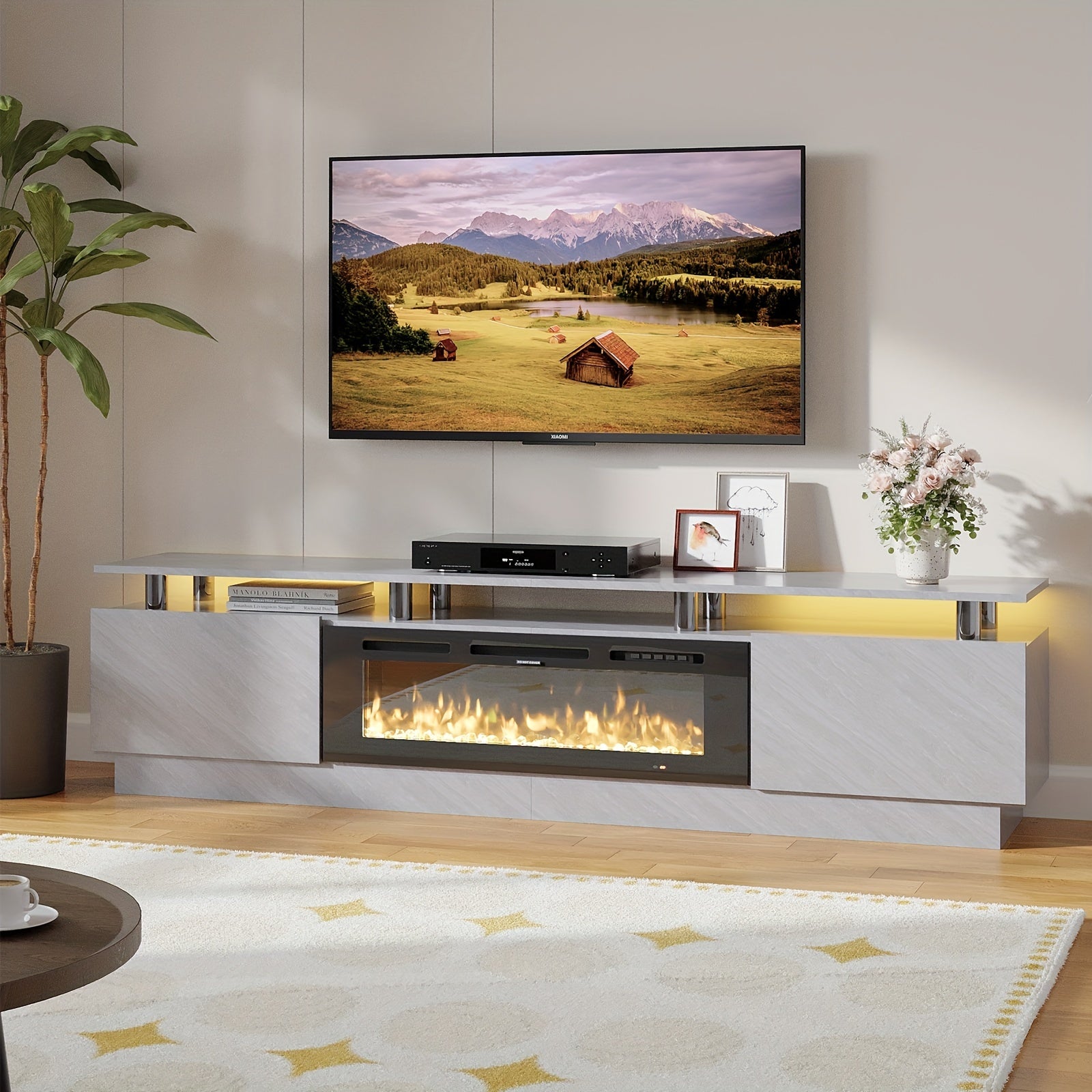 Fireplace TV Stand With 91cm Fireplace Modern High Gloss Fireplace Entertainment Center LED Lights TV Console Cabinet