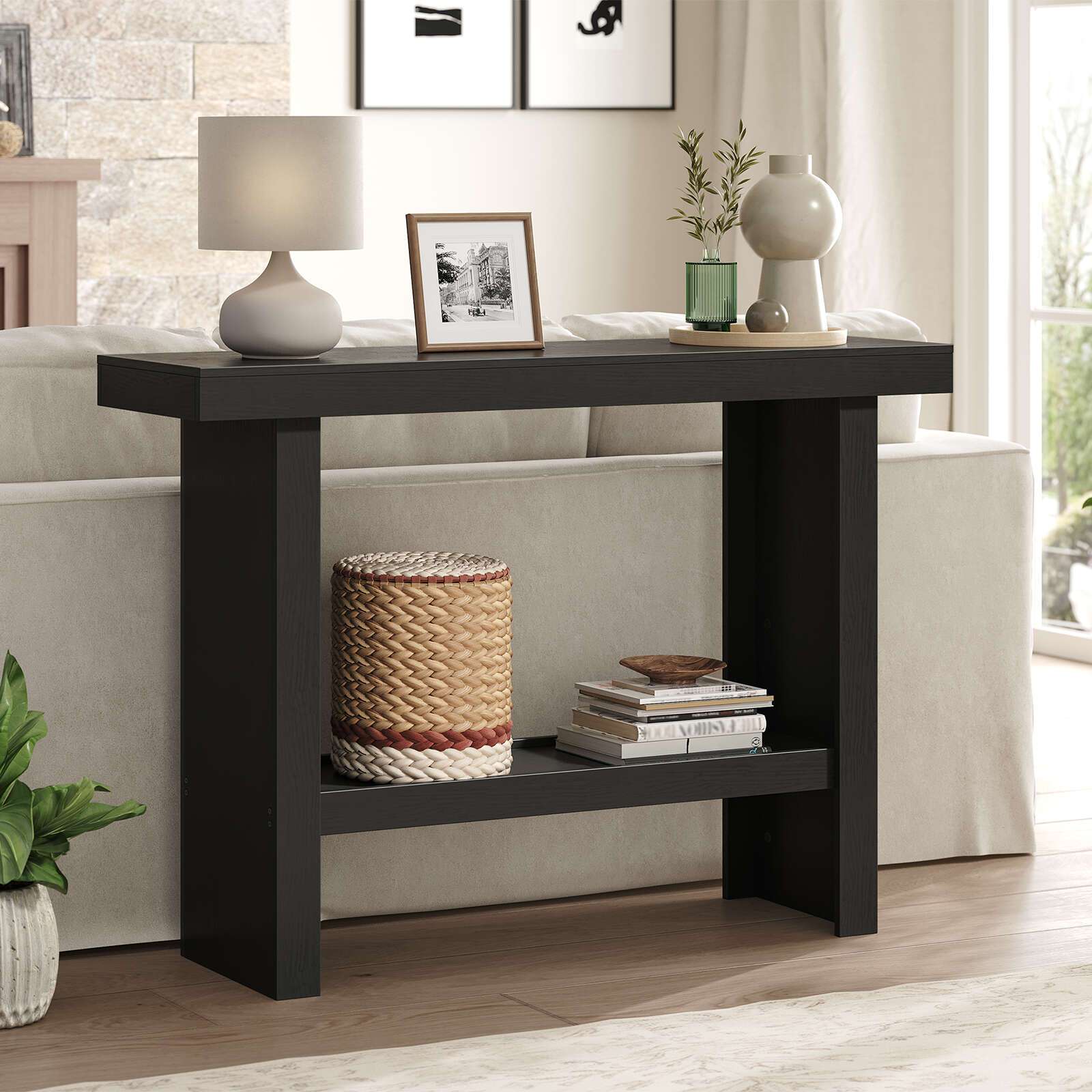 Modern Black Console Table 39.4" - Space-Saving Entryway & Narrow Sofa Side Table, Easy Assembly for Living Room, Hallway, Foyer, MAHANCRIS